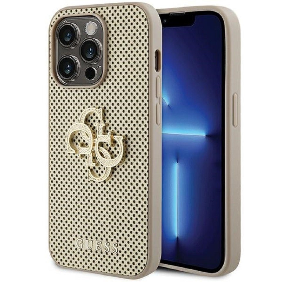 Guess Handyhülle Case iPhone 15 Pro Glitter Kunstleder goldfarben Metallogo 6,1 Zoll, Kantenschutz