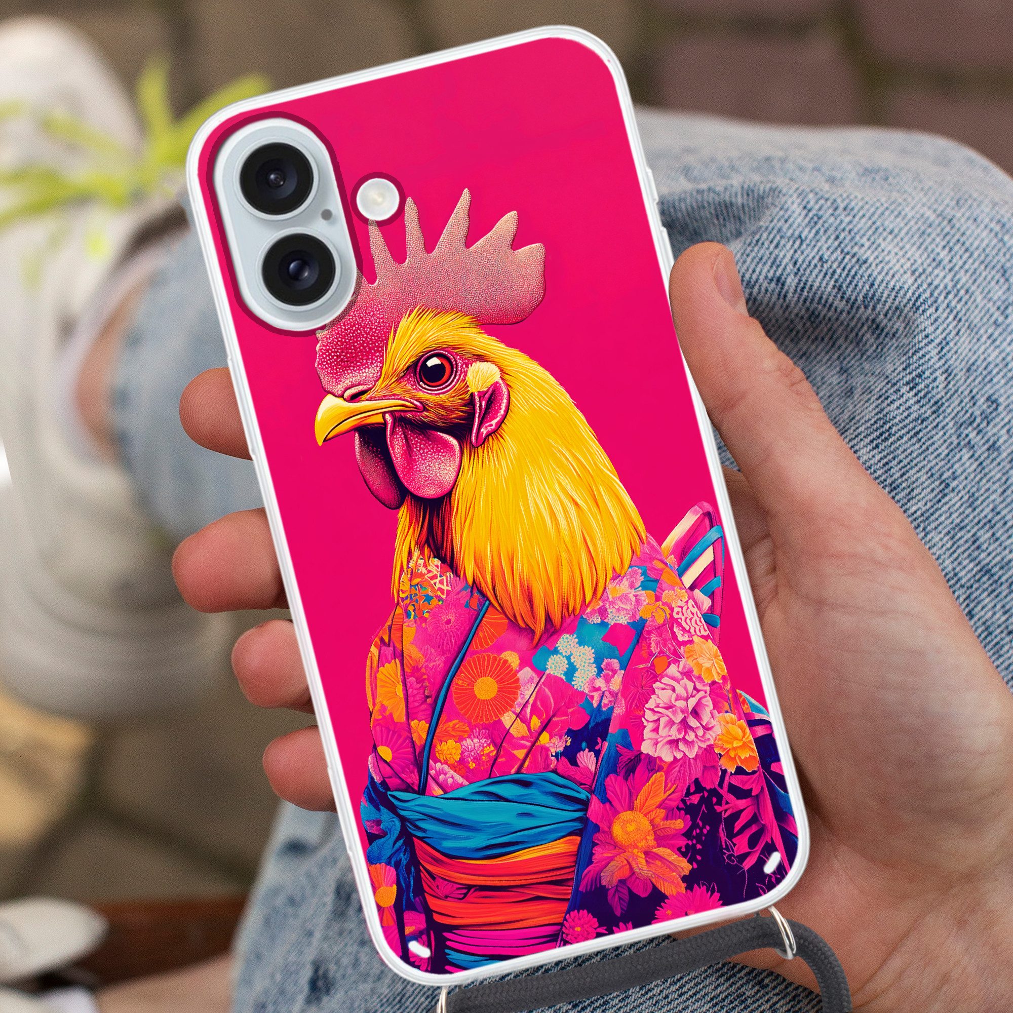 MuchoWow Handyhülle für Apple iPhone 16 Plus Hahn - Bunt - Kimono - Rosa, Tragbare Handyhüllen mit Kette zum umhängen, Handykette Handyband