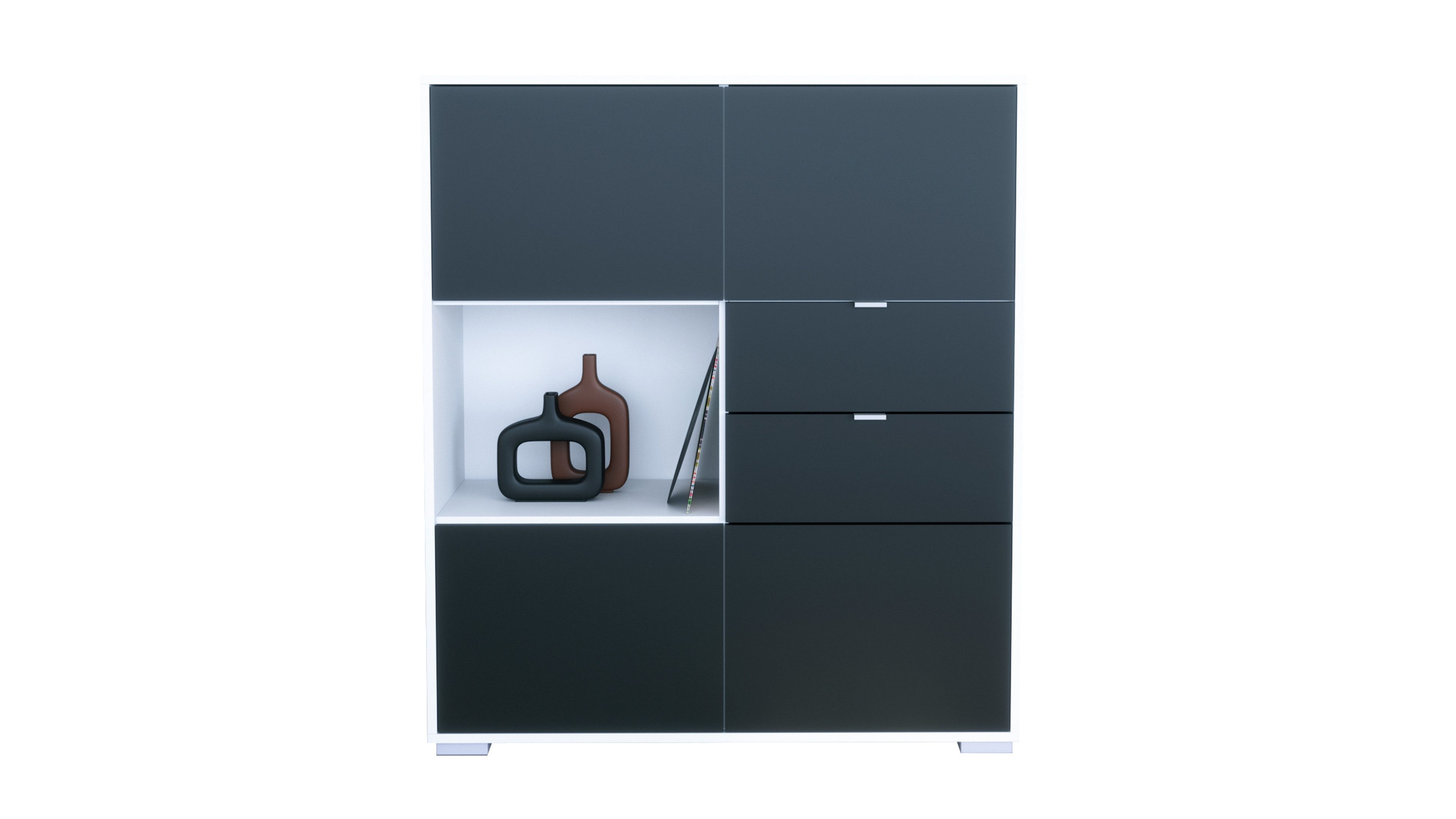 Vladon Highboard Milano V1 (Highboard mit 4 Tür Schwarz matt, 2 Schubladen Schwarz matt, Made in Germany), Korpus Weiß matt (103 x 118 x 37 cm)