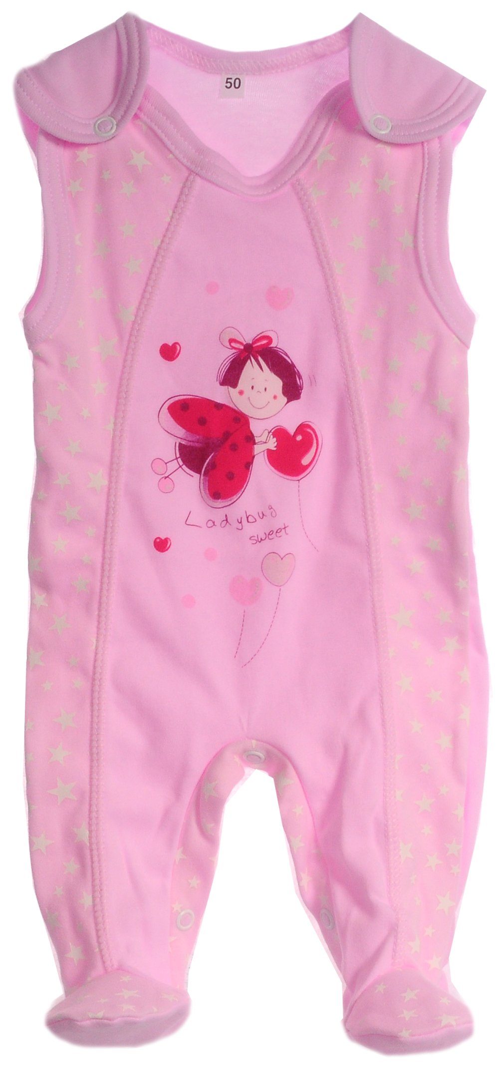 La Bortini Strampler Baby Stramplehose in Rosa mit Sternchen und Marienkäfer aus reiner Baumwolle, 44 50 56 62 68 74