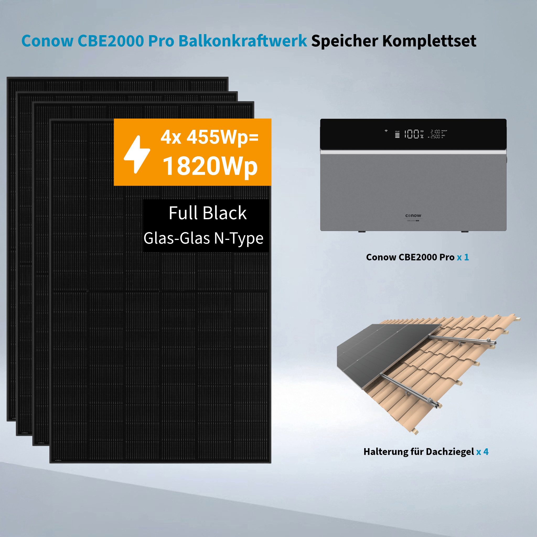 Conow Balkonkraftwerk Conow CBE2000 Pro 1820W Balkonkraftwerk Komplettset mit Halterung, (Set, Conow CBE2000 Pro+ 4x 455W Module+ Halterung), KI Energiemanagement, 2500W AC Ausgang, IP65, LiFePO4