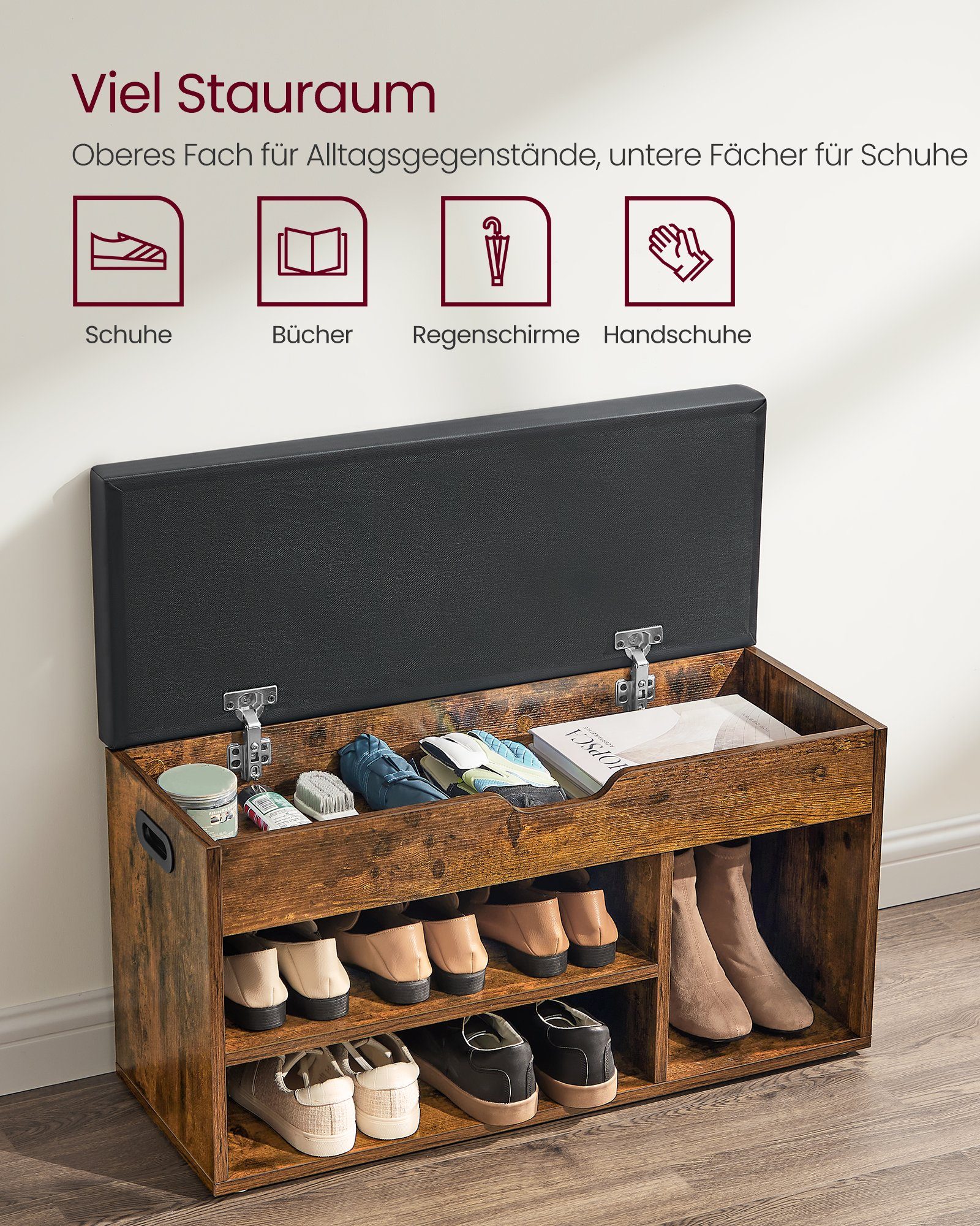 VASAGLE Schuhbank, mit Sitzfläche, Sitzbank mit Stauraum, gepolstert, 30 x 80 x 44 cm