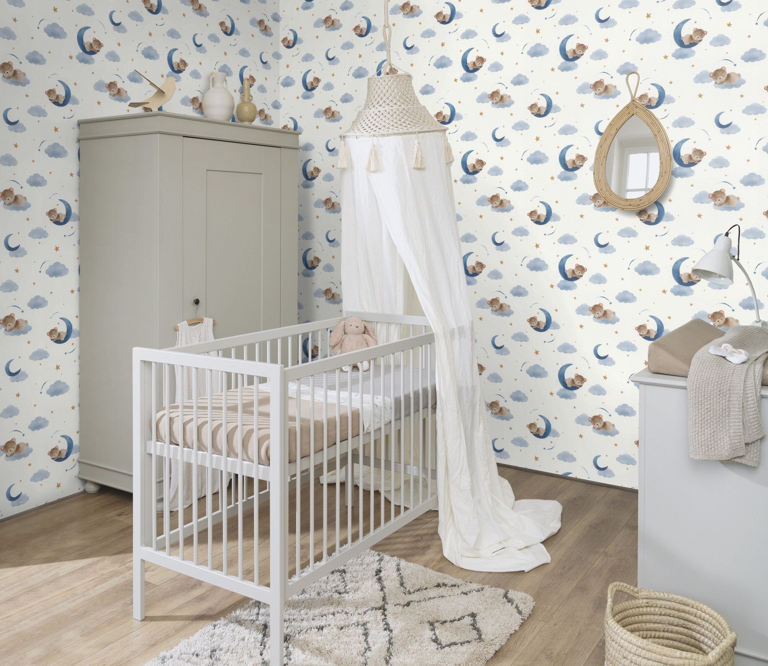 Rasch Vliestapete 321005 - Kinderzimmer-Tapete mit kleinen, schlafenden Bären, strukturiert, gemustert, (1 Rolle, 1 St), Himmel – Bild 4 von 5