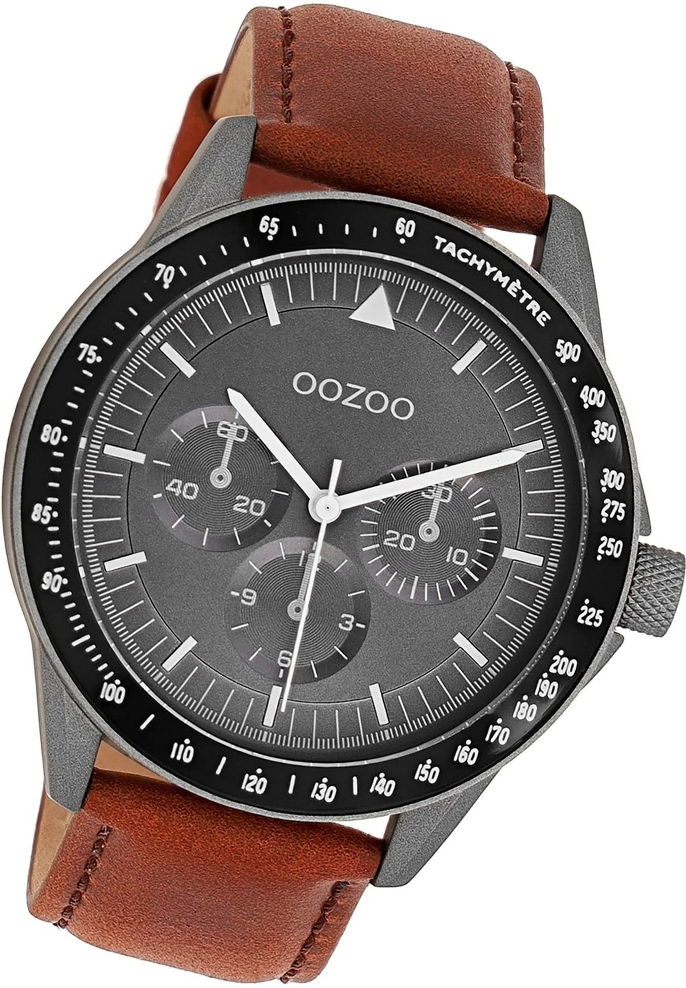 OOZOO Quarzuhr Oozoo Herren Timepieces, braun, Herrenuhr (ca. 45mm) Lederarmband groß rundes Gehäuse, Armbanduhr