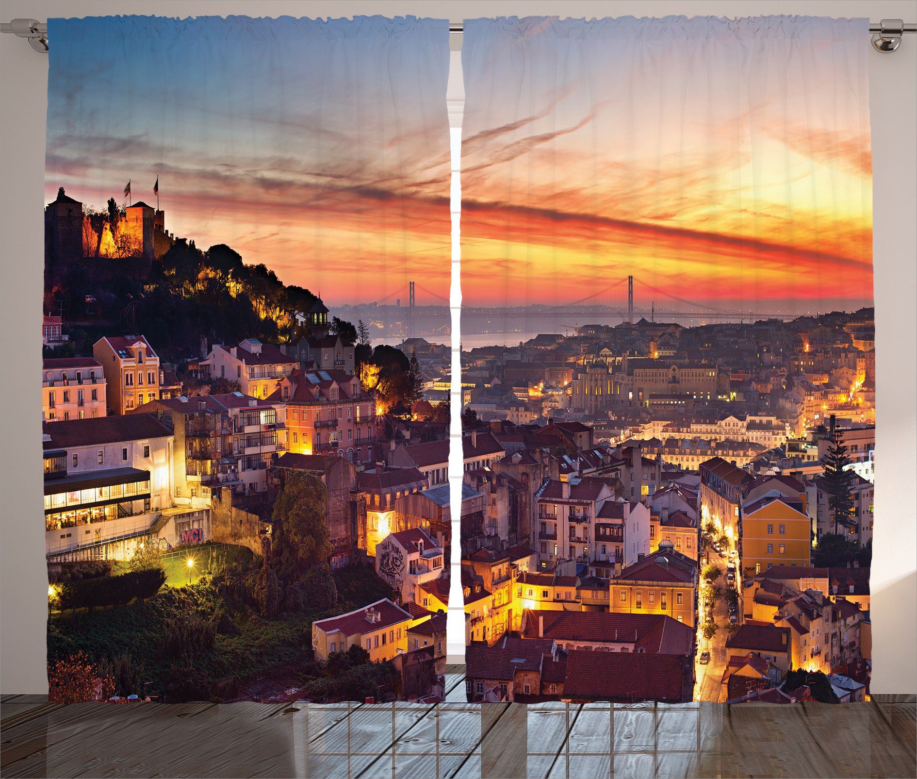 Bunt und von Abakuhaus, Haken, Schlaufen Stadtbild Schlafzimmer mit Lissabon Vorhang Gardine Kräuselband