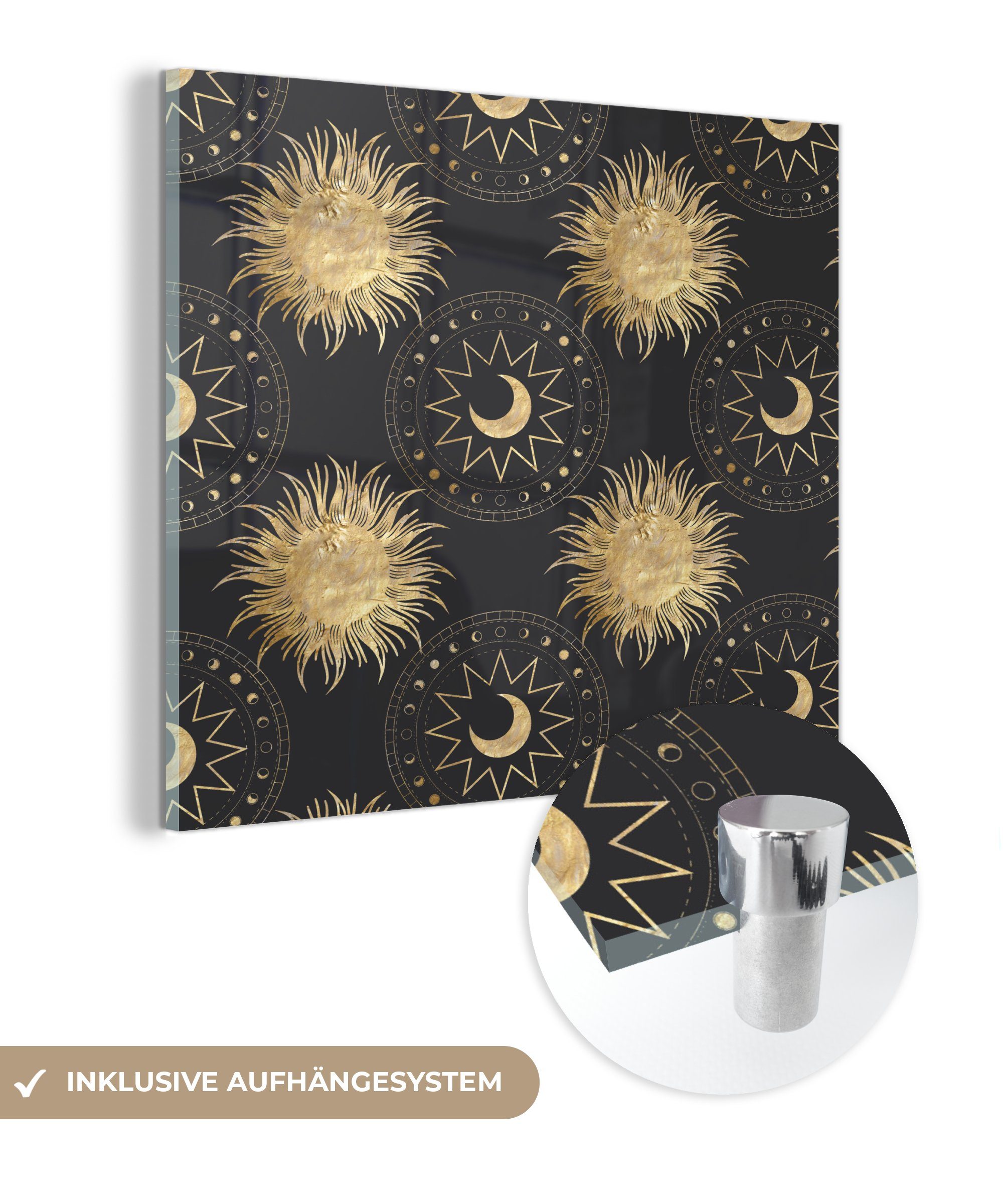 MuchoWow Acrylglasbild Muster - Mond - Sonne - Gold, (1 St), Glasbilder - Bilder auf Glas Wandbild - Foto auf Glas - Wanddekoration