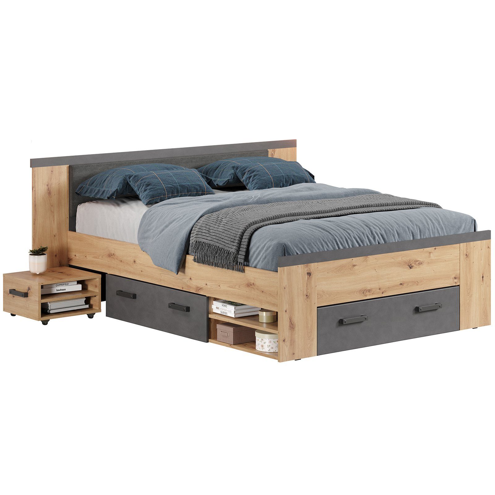trendteam Holzbett, Doppelbett Stauraumbett Schlafzimmerbett Eiche/Anthrazit 190x87x203cm