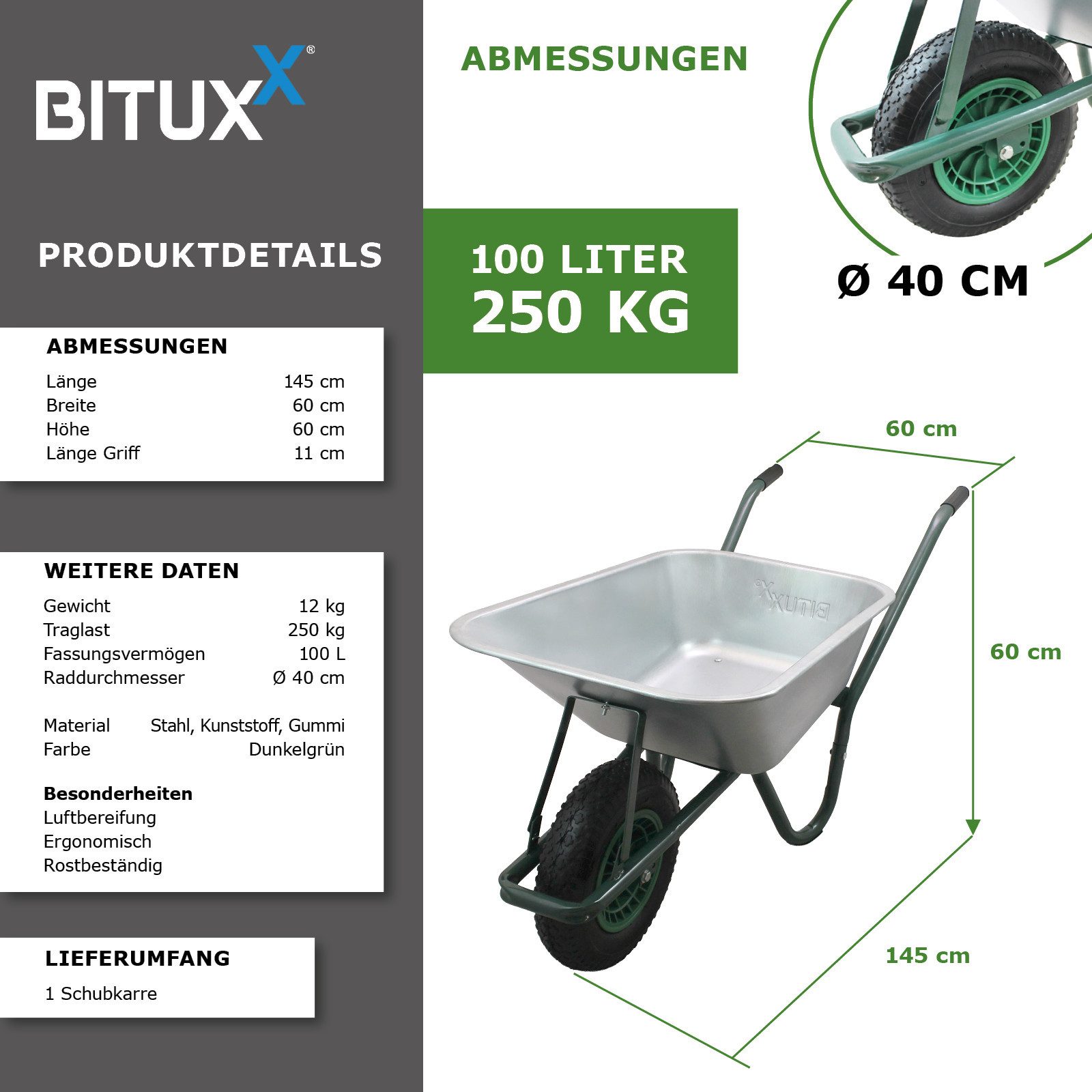 Bituxx Schubkarre Schubkarre 100 Liter 250Kg Dunkelgrün, (MS-16182)