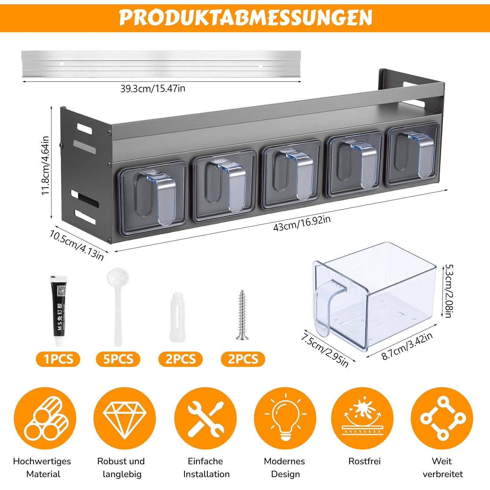 BlingBin Gewürzbehälter Stehend & Wand Gewürzregal, Gewürzhalter mit 5 Gewürzdosen & Löffeln, Aluminium, (1er Set, 1-tlg., Produktabmessungen: 43,5 cm (T) x 10, – Bild 2 von 5
