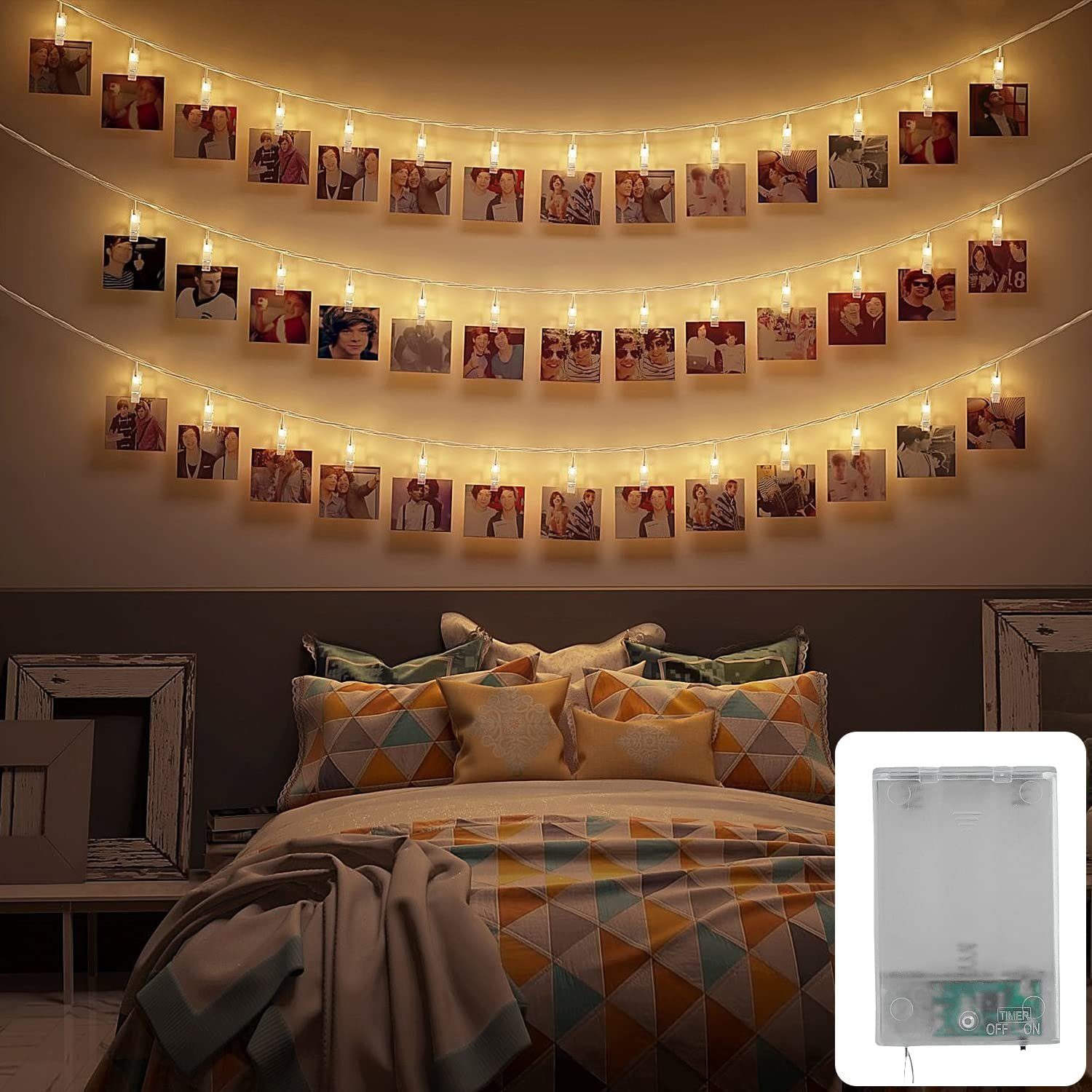 COZY HOME LED-Lichterkette Fotoclip Lichterkette - Batterie und Stecker, 30 Fotoclip LEDs I Timer-Funktion I 6 Meter I Warmweiße LED