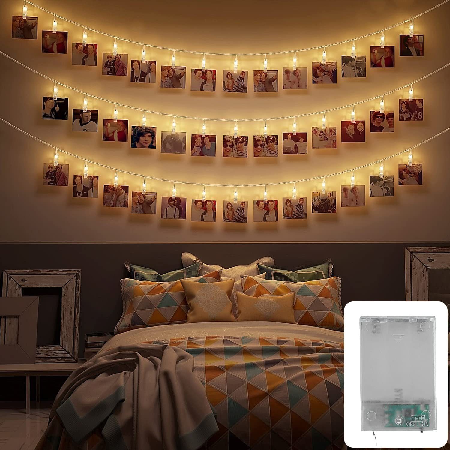 COZY HOME LED-Lichterkette Fotoclip Lichterkette - Batterie und Stecker, 30 Fotoclip LEDs I Timer-Funktion I 6 Meter I Warmweiße LED