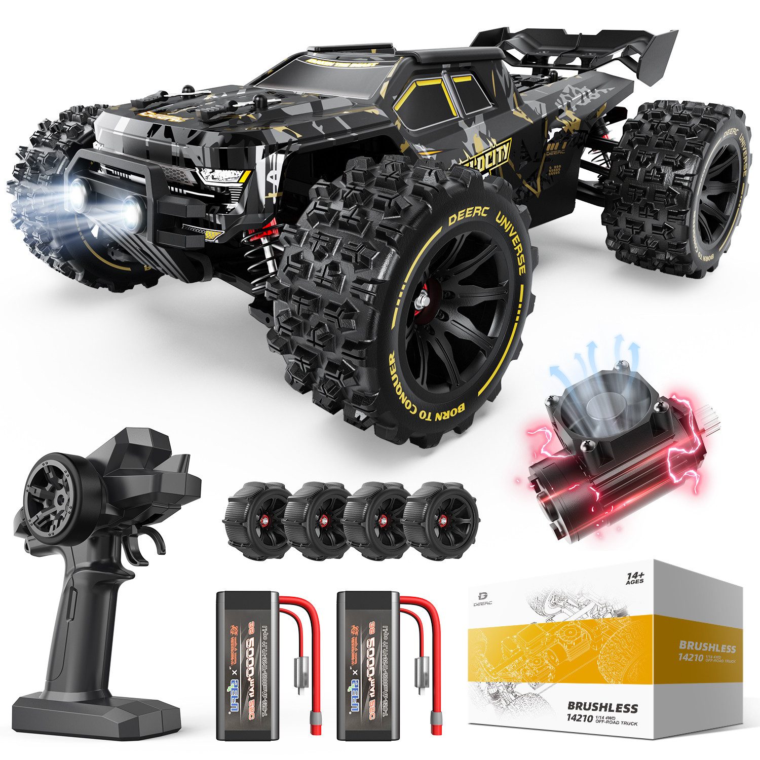 DEERC RC-Auto 1:14 RC Auto Brushless 50 km/h 4WD mit 2 Akkus für jedes Gelände, Ferngesteuertes Auto, 2.4-GHz, für Erwachsene und Kinder