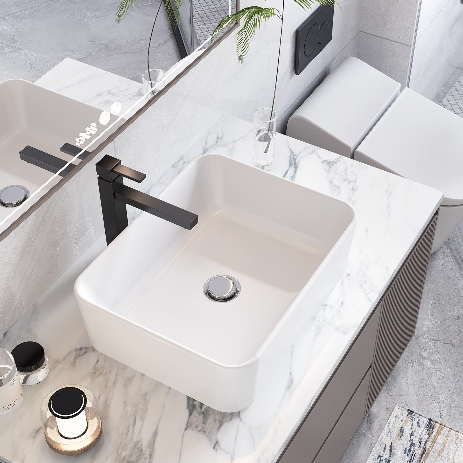GarveeMore Aufsatzwaschbecken aus Keramik, Weiß, rechteckig/rund, für Badezimmer, Gäste-WC, glatt, pflegeleicht, langlebig, Zeitloses Design