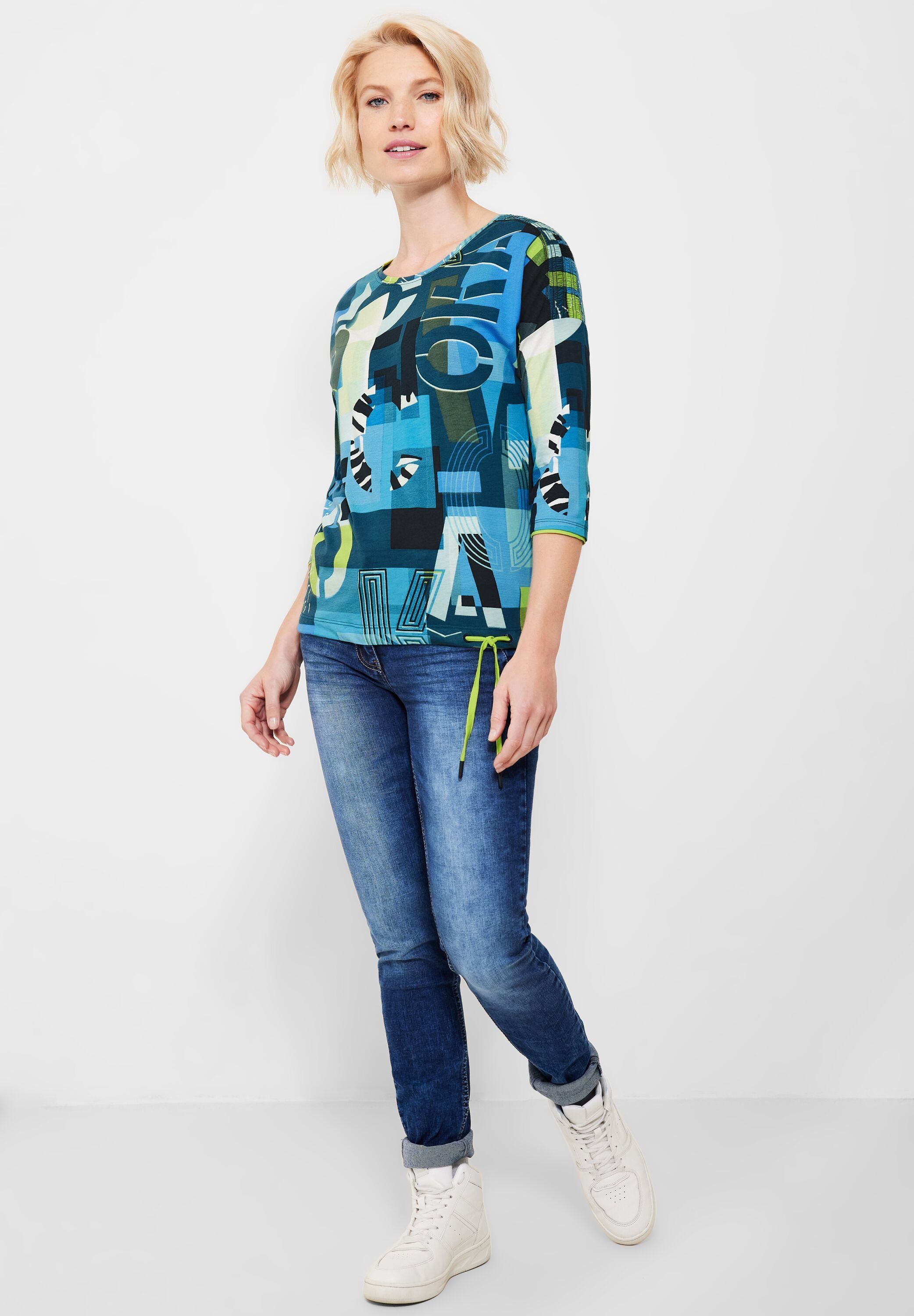 Cecil Teal Wording 3/4-Arm-Shirt in Tunnelzugbändchen (1-tlg) Print CECIL Blue Shirt