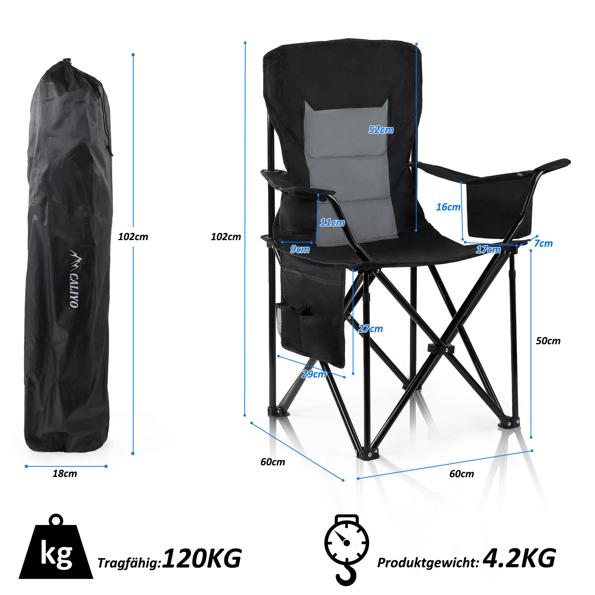 CALIYO Campingstuhl Faltstuhl mit Getränkehalter & Tragetasche Angelsessel (1 St), Klein pack mit Tasche Faltstuhl Anglerstuhl hohe Rückenlehne – Bild 4 von 5