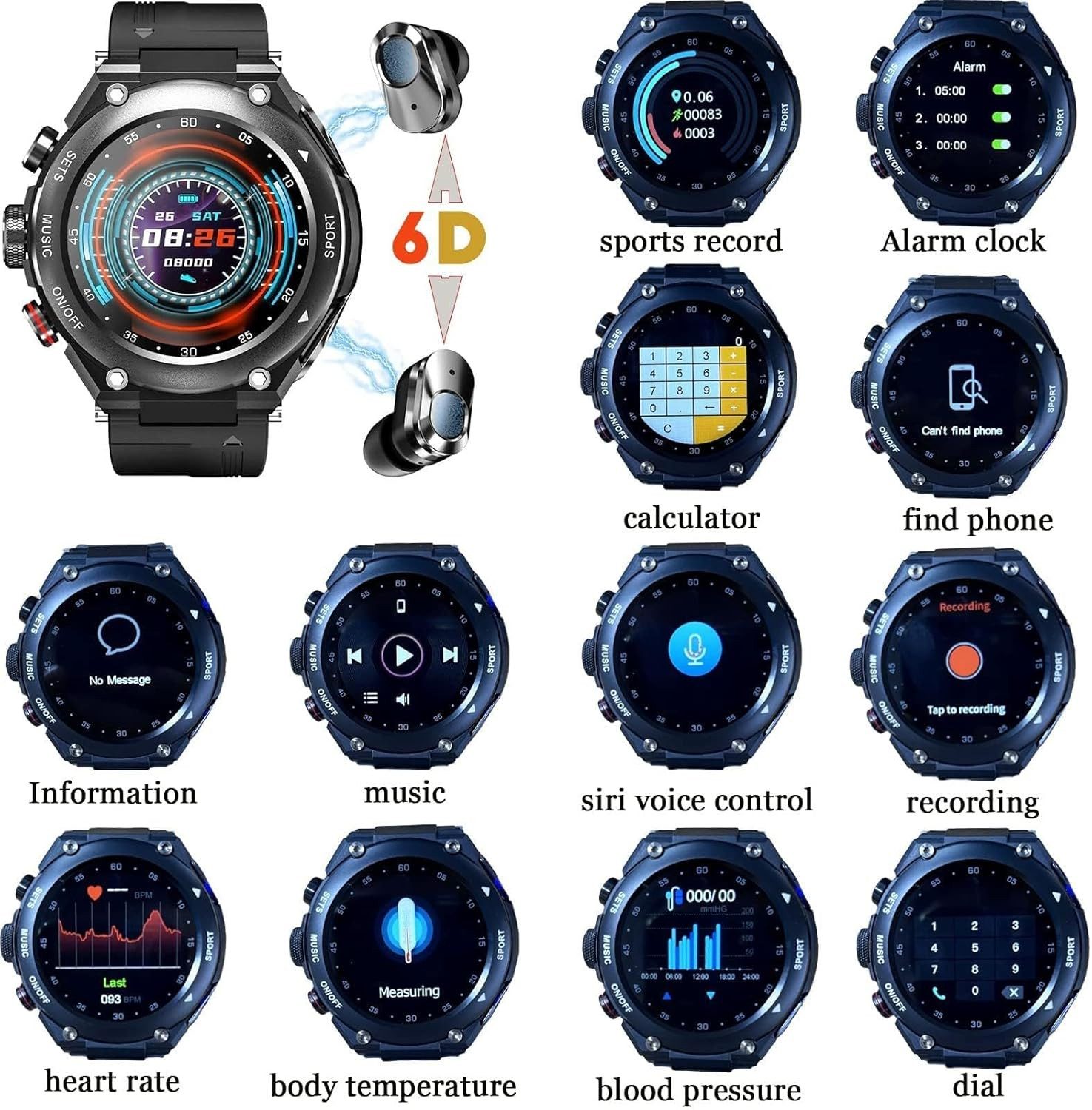 CISIYOO T92 Smartwatch (3,8 cm, android ios), Smartwatch mit Bluetooth Kopfhörern Musikfunktion und Sportmodus