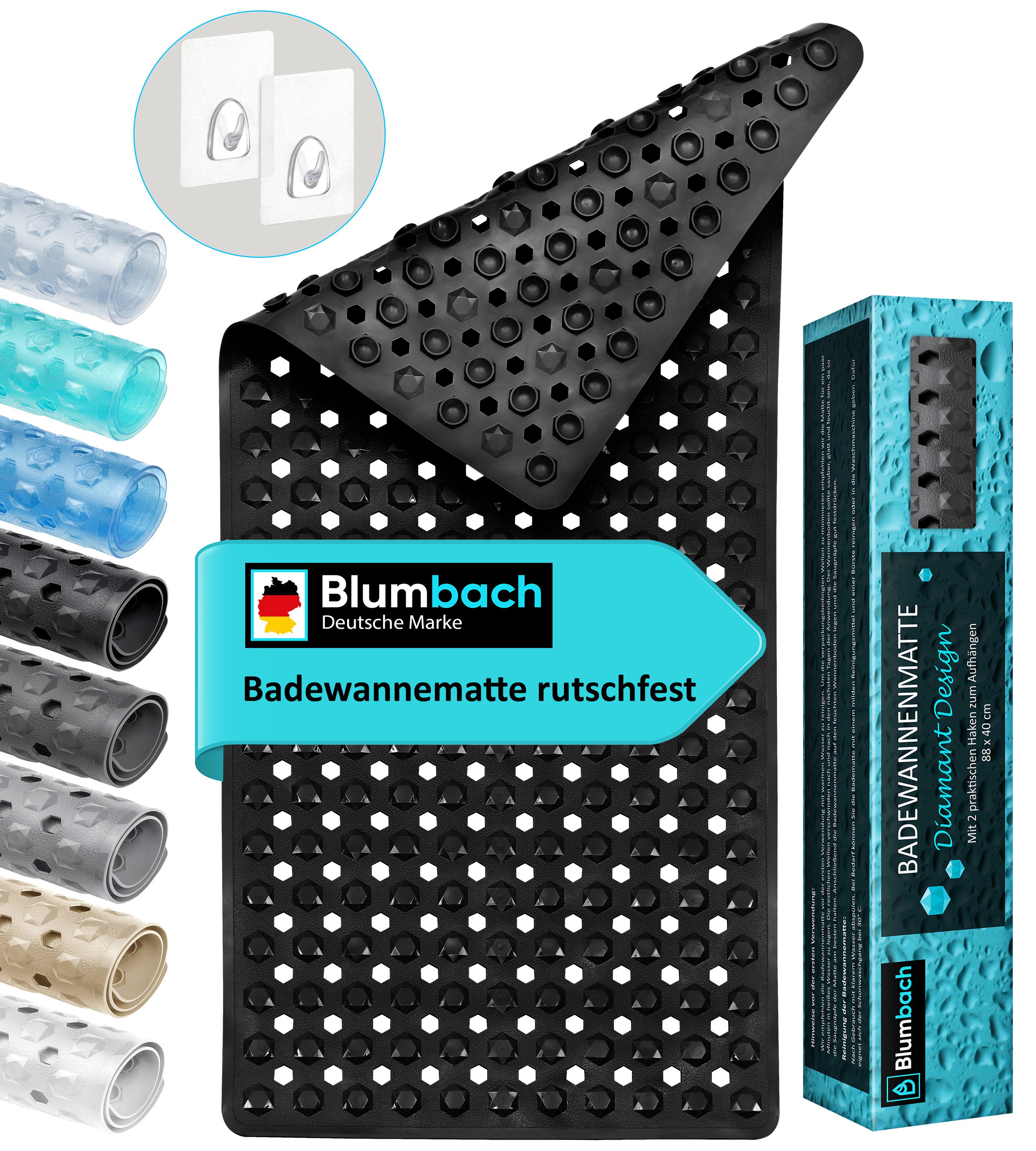 Blumbach Wanneneinlage Badewannenmatte rutschfest, Packung, inklusive 2 Klebehaken, rutschhemmend, mit Saugnäpfen, pflegeleicht