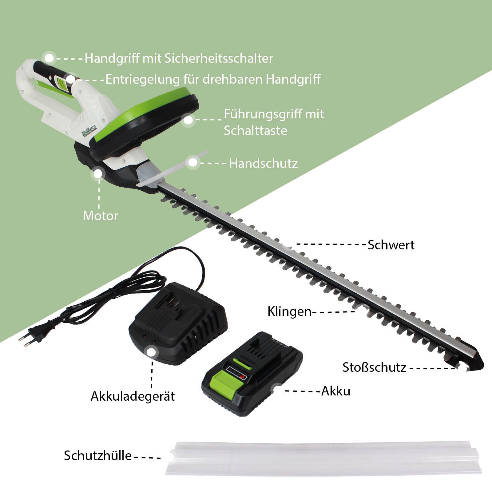 TRUTZHOLM Akku-Heckenschere 20V 2.0 Ah 520 mm Schnittlänge mit Akku und Schnellladegerät