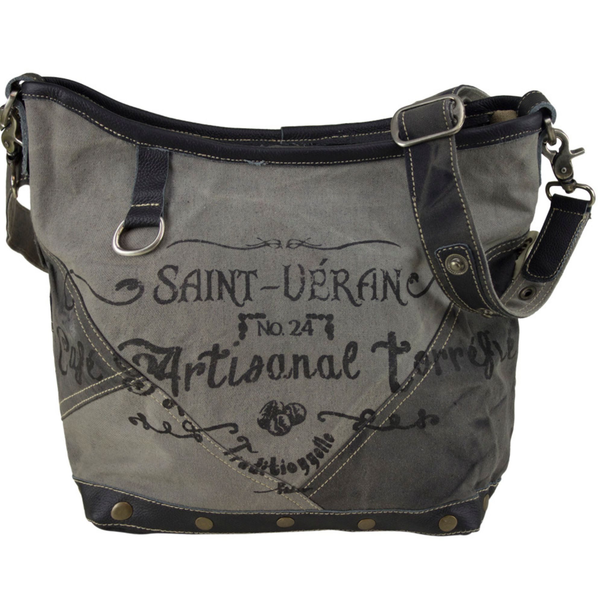 Sunsa Umhängetasche Canvas Tasche Umhängetasche stone washed Schultertasche grau, echt Leder Dekoration