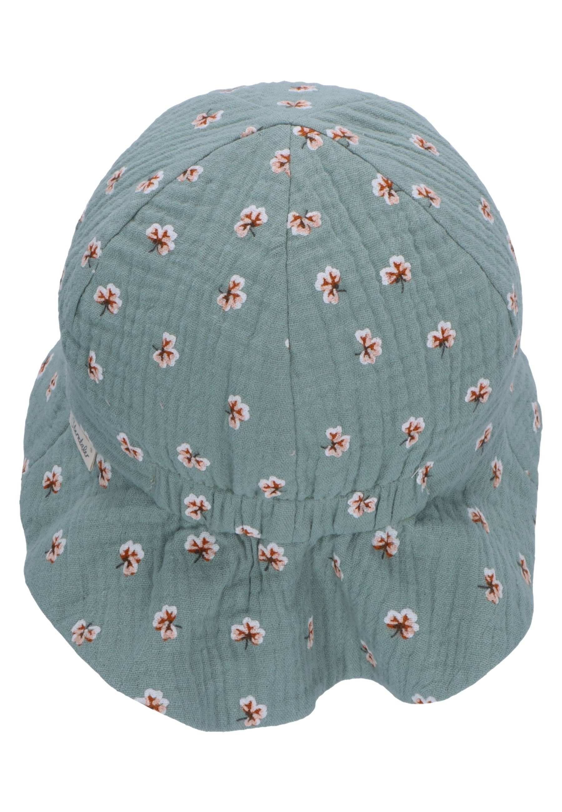 Sterntaler® Schirmmütze Sonnenhut süßen Baby aus Blumen (1-St., bedruckt Baumwolle Kinderhut und mit mit Motiven) Bindeband Nackenschutz dunkelgrün Sommerhut