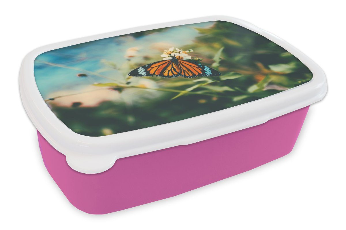 Snackbox, Garten, Schmetterling MuchoWow - Erwachsene, - Blumen Brotbox (2-tlg), Lunchbox Kunststoff rosa für Mädchen, Brotdose Kinder, Kunststoff,