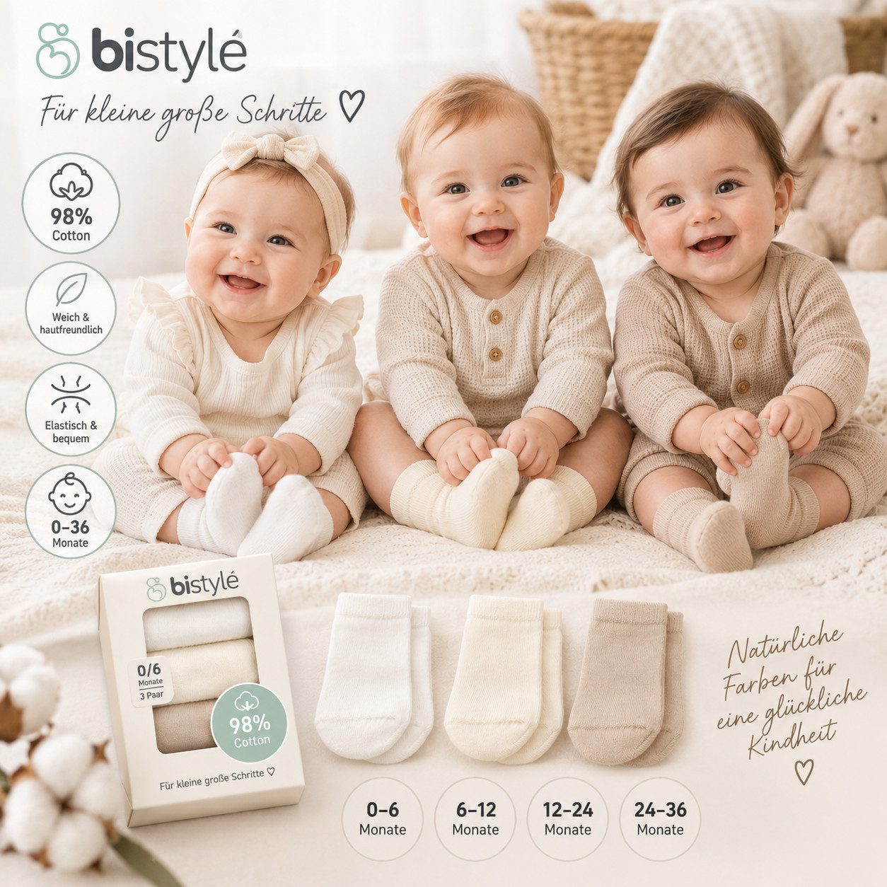 bistyle Feinsocken Baby Socken 3er-Pack, 98 % Bio-Baumwolle, Weich & hautfreundlich (3-Paar) – Bild 3 von 5