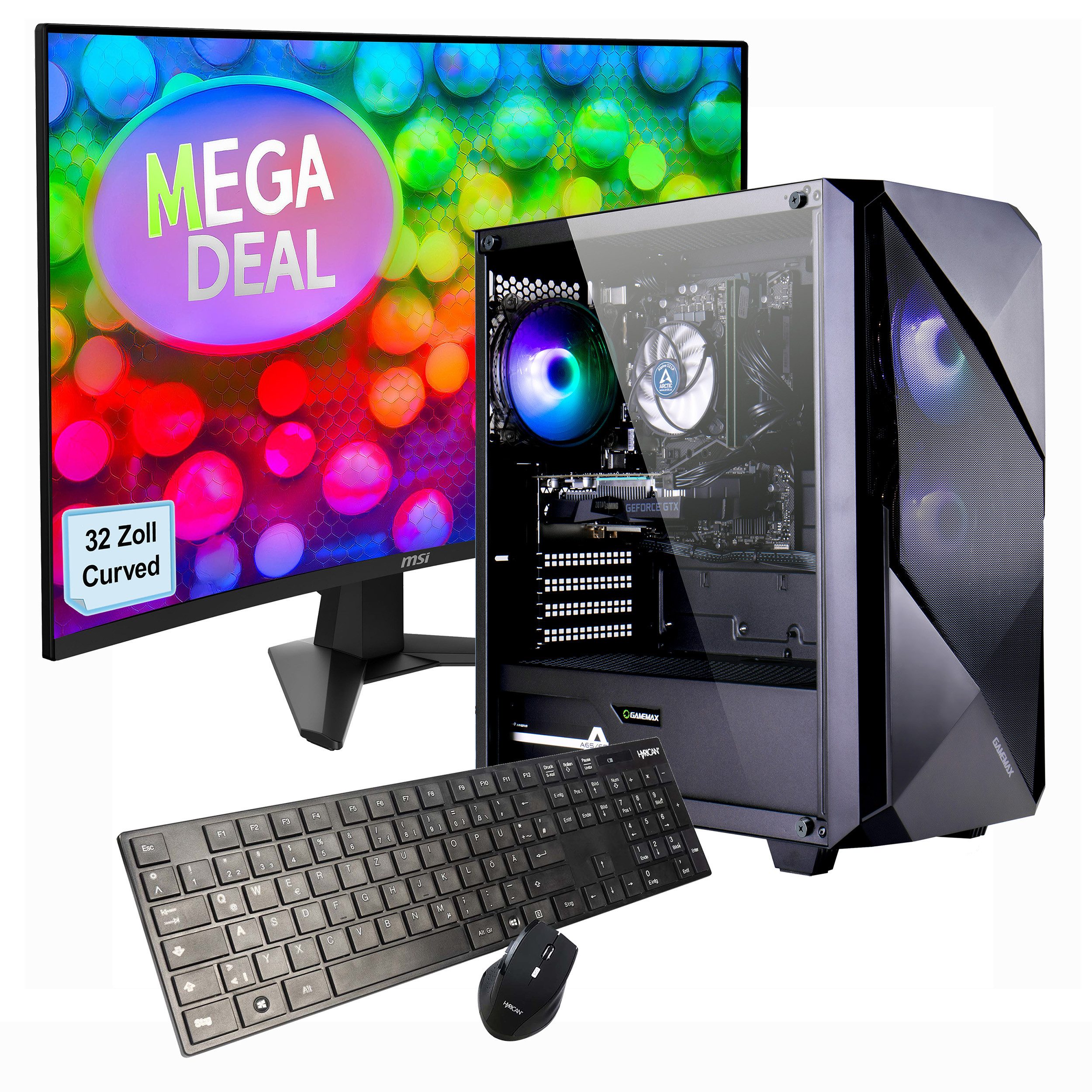GAMEMAX MegaDeal Striker SET02599 PC-Komplettsystem (32", AMD Ryzen 7 5700X, RTX™ 5060, 32 GB RAM, 1000 GB SSD, Windows 11 + MSI MAG 32C6 Curved Monitor, 80cm (32)