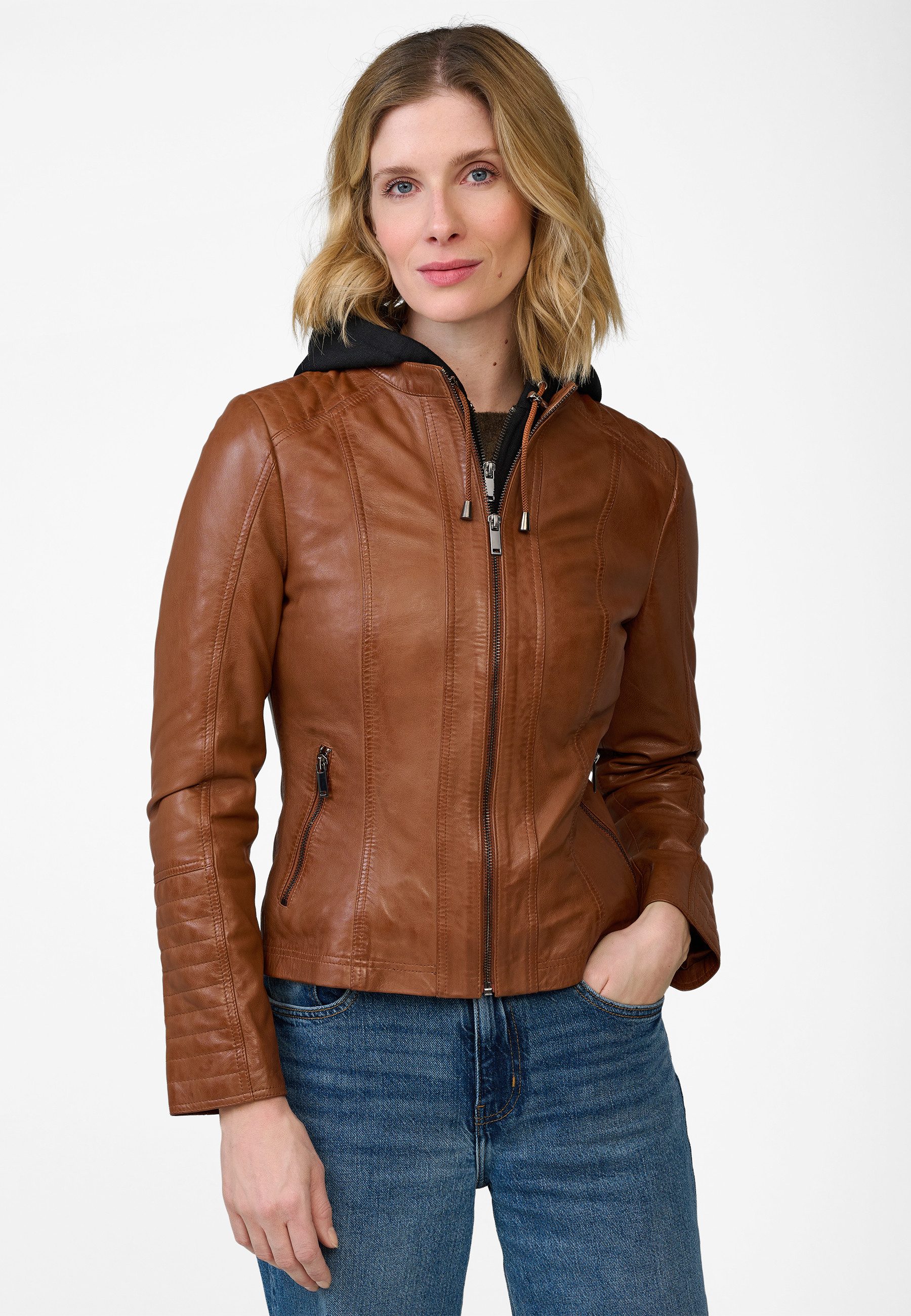 RICANO Lederjacke Rania Lederjacke mit Kapuze und Bikerapplikationen