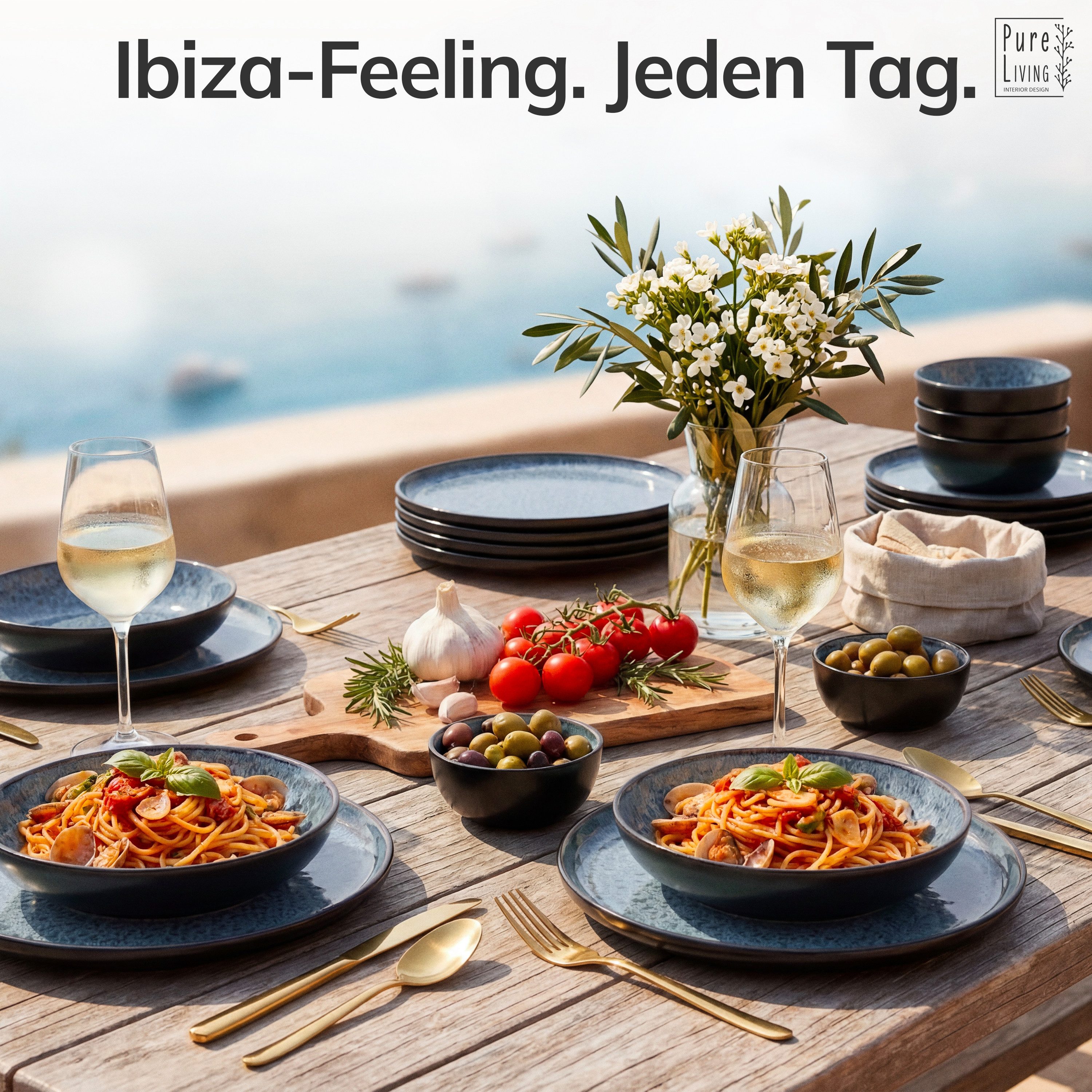 PURE LIVING INTERIOR DESIGN Geschirr-Set Pure Living »Ibiza« (18-tlg), 6 Personen, Steingut, Rauchblau, 6 Personen, Steingut, Mediterrane Handwerksoptik, Reaktive Glasur – jedes Stück einzigartig…
