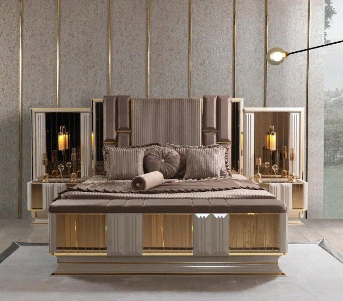 JVmoebel Schlafzimmer-Set Schlafzimmer Set Bett 2x Nachttische Hocker Luxus neu 3tlg Design, (3-St., 1x Bett + 2x Nachttisch), Made in Europa
