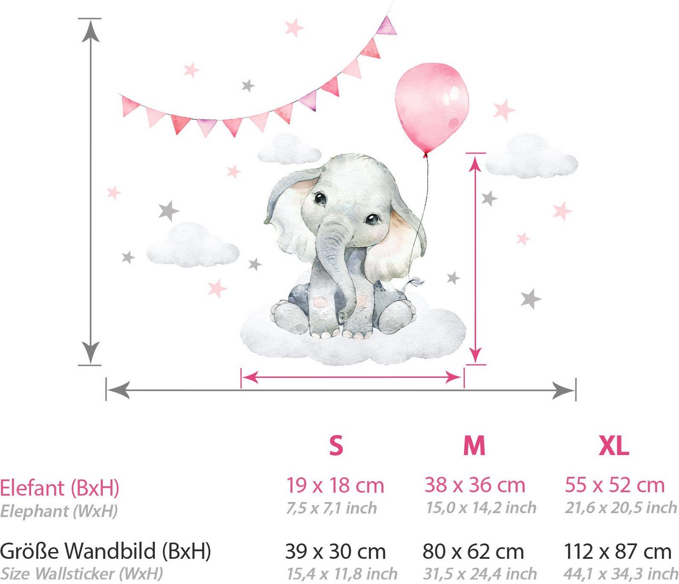 little DECO Wandtattoo »Little Deco Wandtattoo Elefant mit Luftballon rosa & Sterne«-HomeTrends