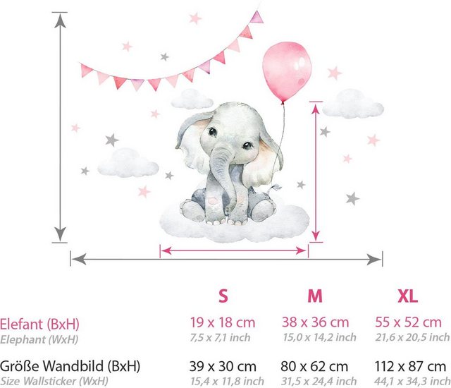 little DECO Wandtattoo »Little Deco Wandtattoo Elefant mit Luftballon rosa & Sterne«-Otto