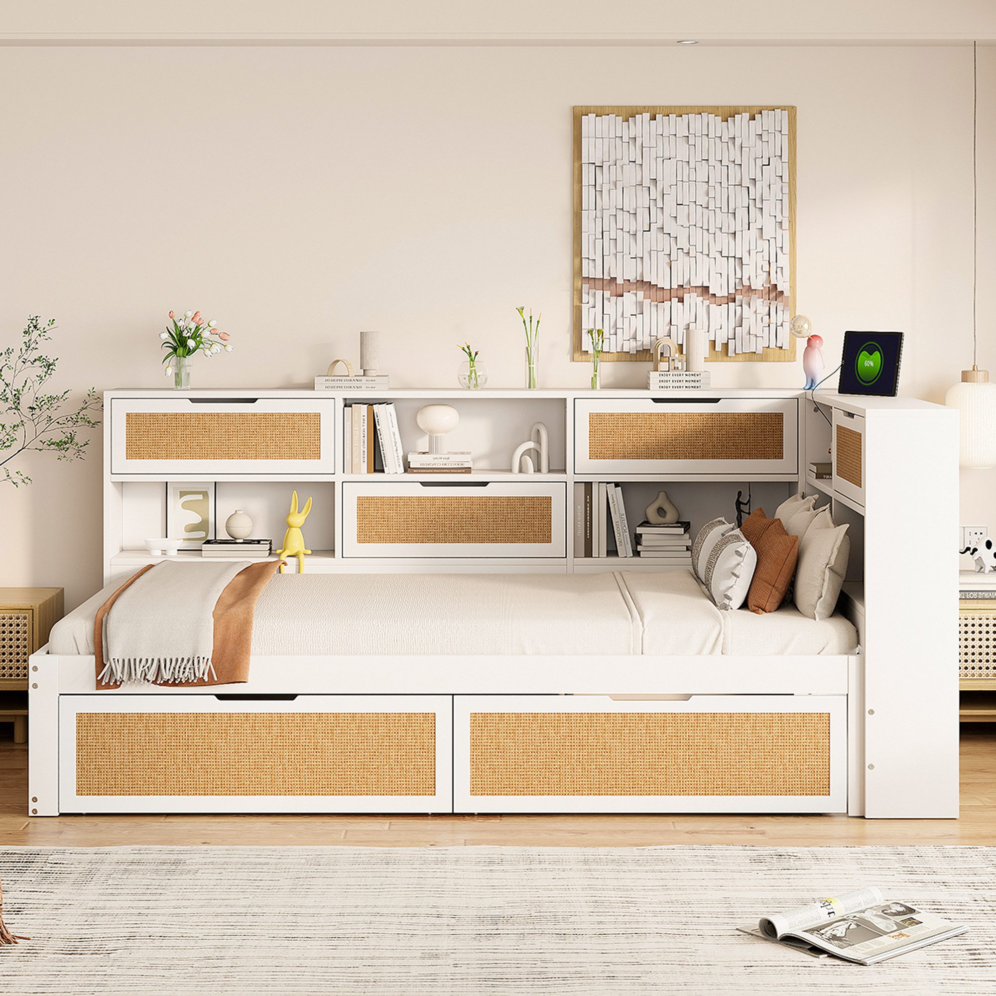 MODFU Stauraumbett aus Massivholz mit USB, viel Stauraum & Schublade (Multifunktionales Kinderbett 90x200 cm, 90x200cm), ohne Matratze