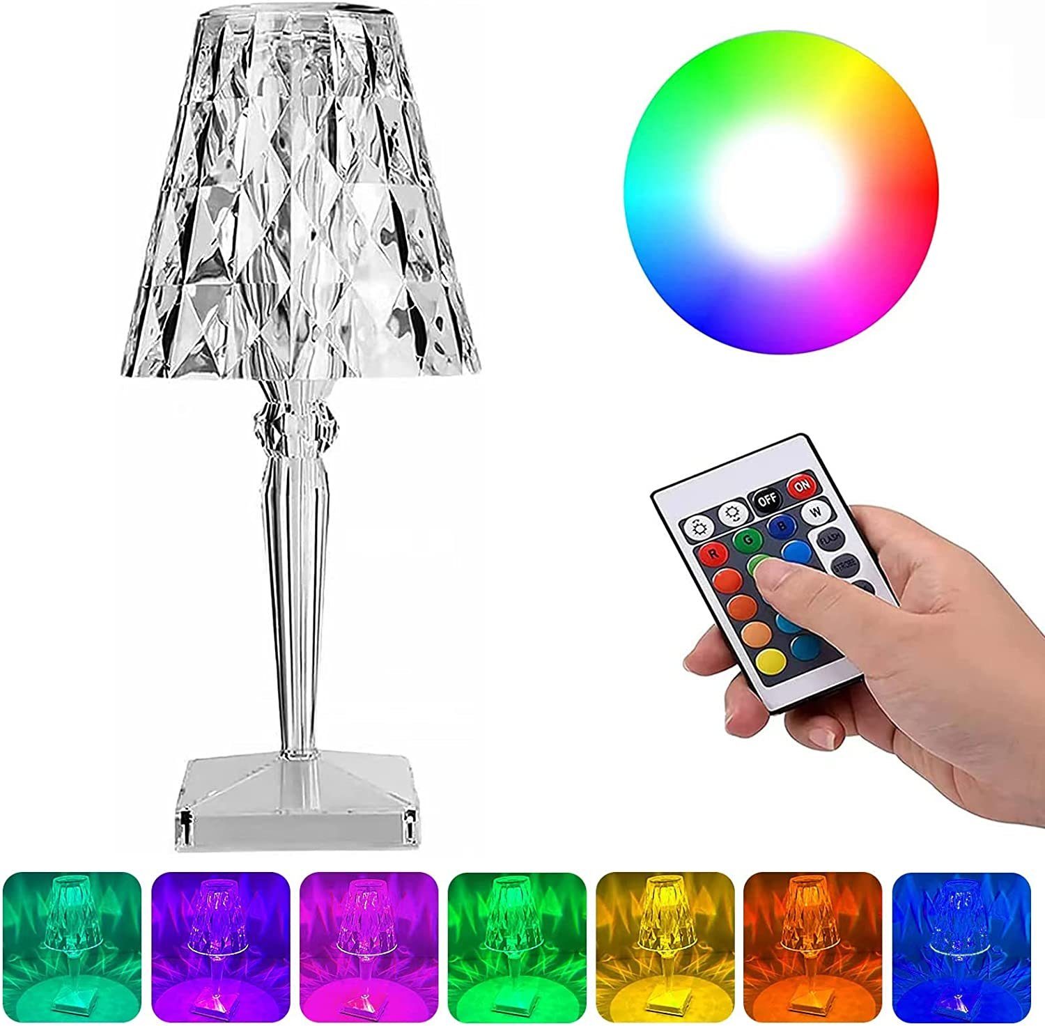 Diyarts LED Nachttischlampe, Farbwechsler, Kristall Design, mit Fernbedienung, 16 Farbmodi, USB-C Aufladung, RGB Farbwechsel, Dimmbar | Tischlampen