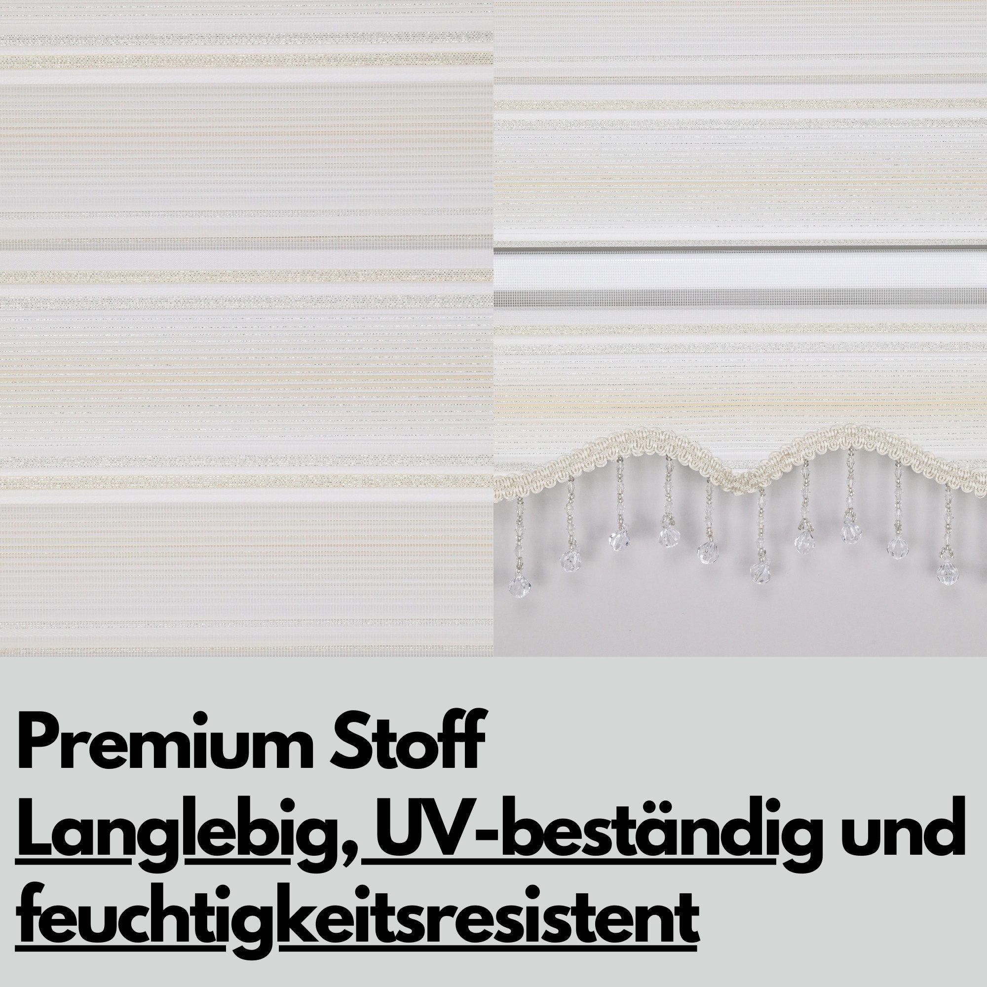 Doppelrollo Duorollo mit Kassette und Perlen in Weiß, Grau, Gold Höhe: 200 cm, Plisseeonline, blickdicht, Deckenmontage, Inkl. Montagezubehör Schrauben und Dübel, Decke oder Wand, mit Kindersicherung