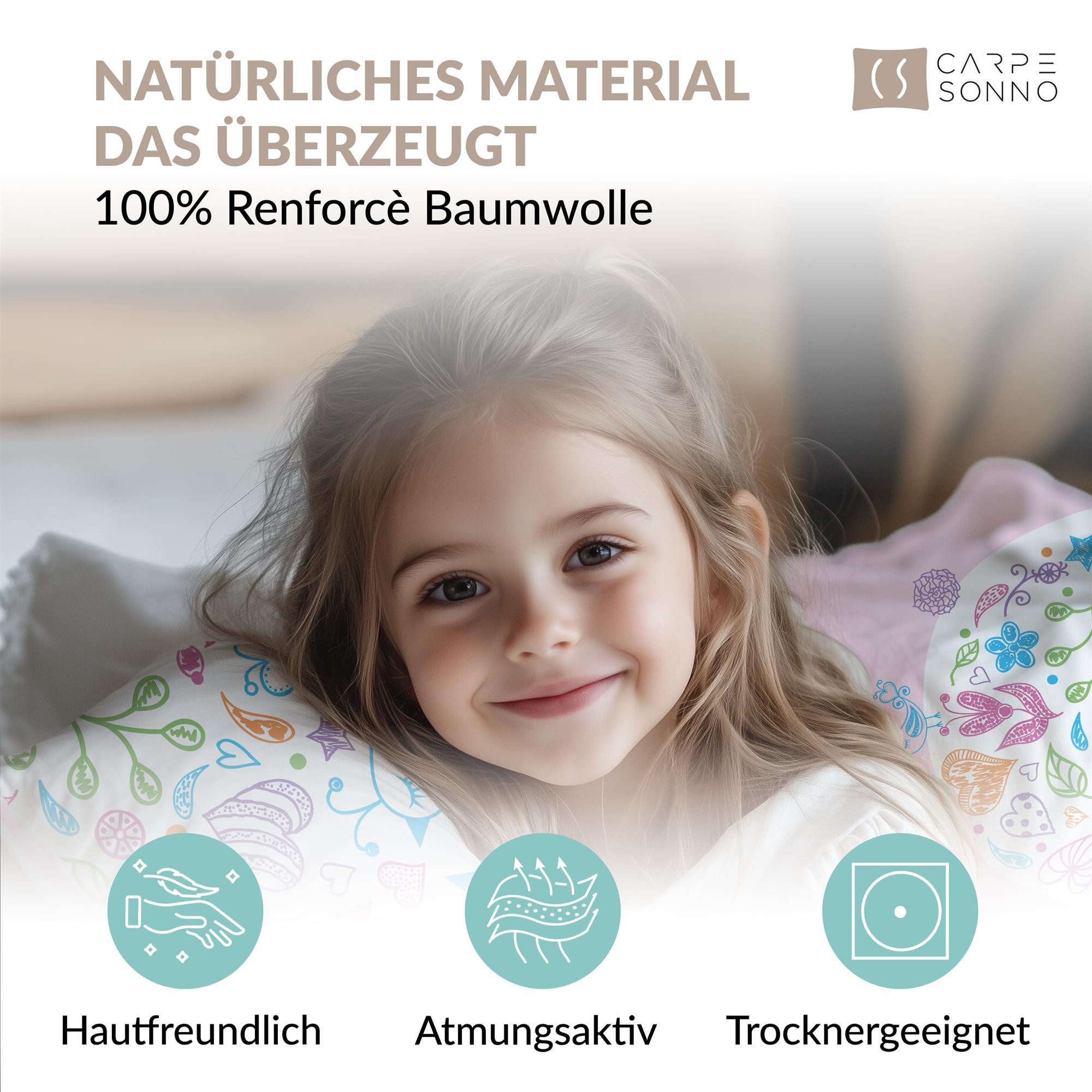 Carpe Sonno Kinderbettwäsche 135 x 200 Mädchen Leuchtend Bettwäsche Kinder Rosa Herz Blumen +SPIELE, Renforcé, 2 teilig, GLOW IN THE DARK Bettbezug 135x200 - 100% Baumwolle