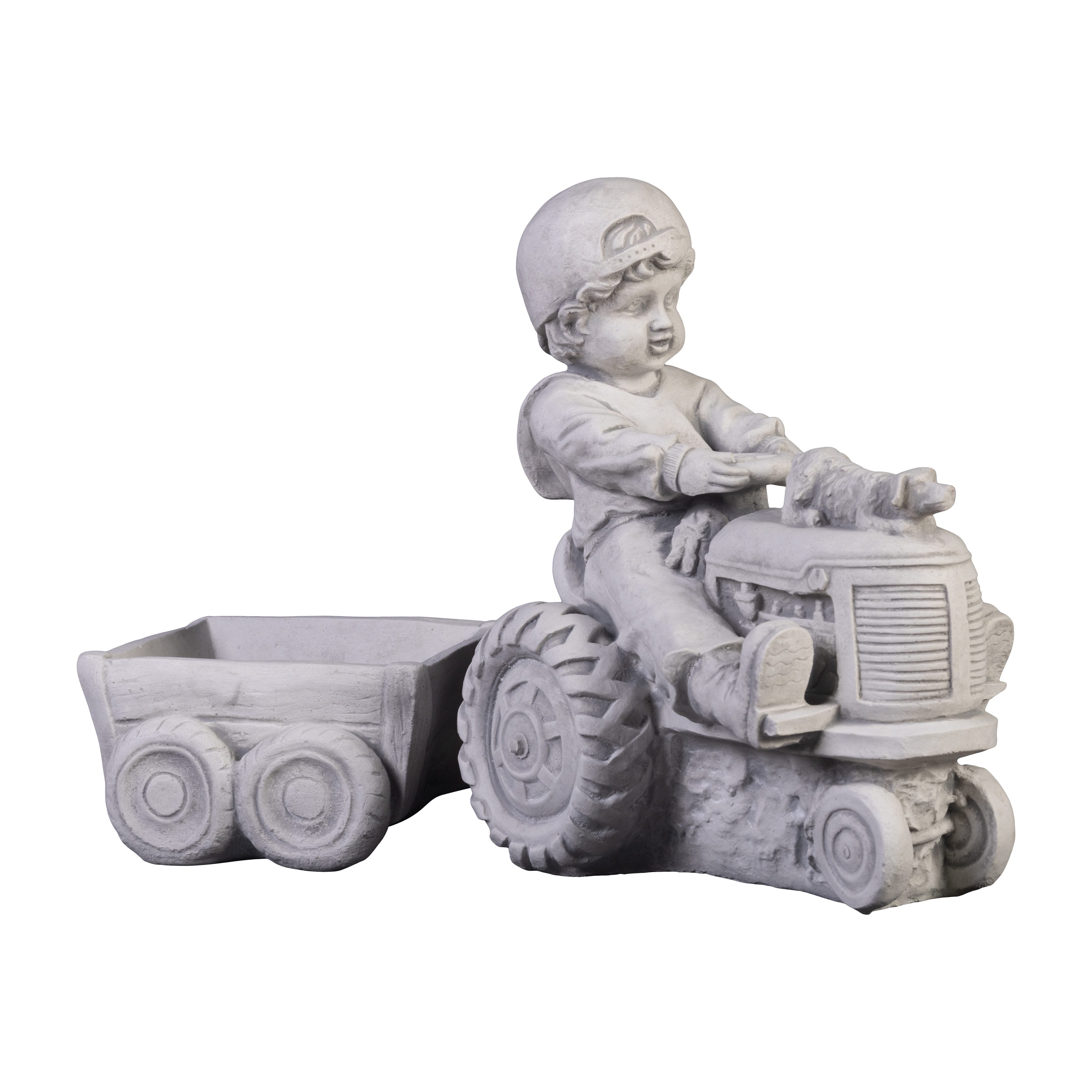 gartendekoparadies.de Pflanzkübel Junge mit Traktor, Anhänger Pflanztopf Pflanzgefäß, H. 32 cm, 14 kg, Frostsicher