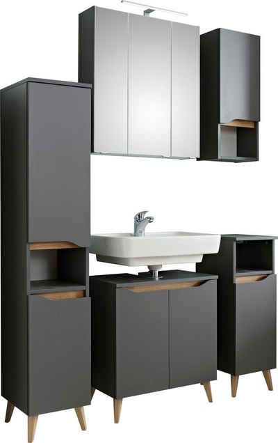 Saphir Badmöbel-Set Quickset 5-teilig Waschbeckenunterschrank und LED-Spiegelschrank, (5-St), Midischrank, Unterschrank, Hängeschrank, inkl. Türdämpfer, 9 Türen