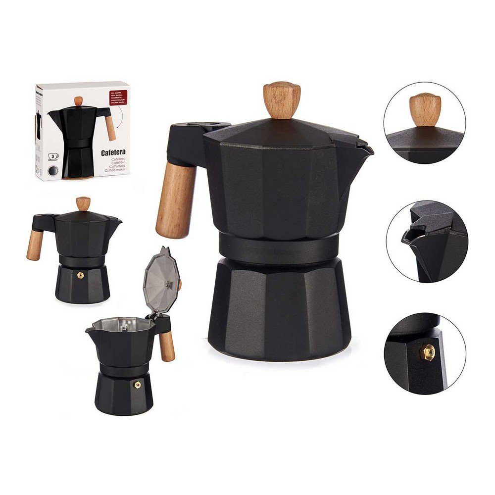 Bigbuy Espressokocher Italienische Kaffeemaschine Holz Aluminium 3 Tassen  Mokka-Kanne Espres