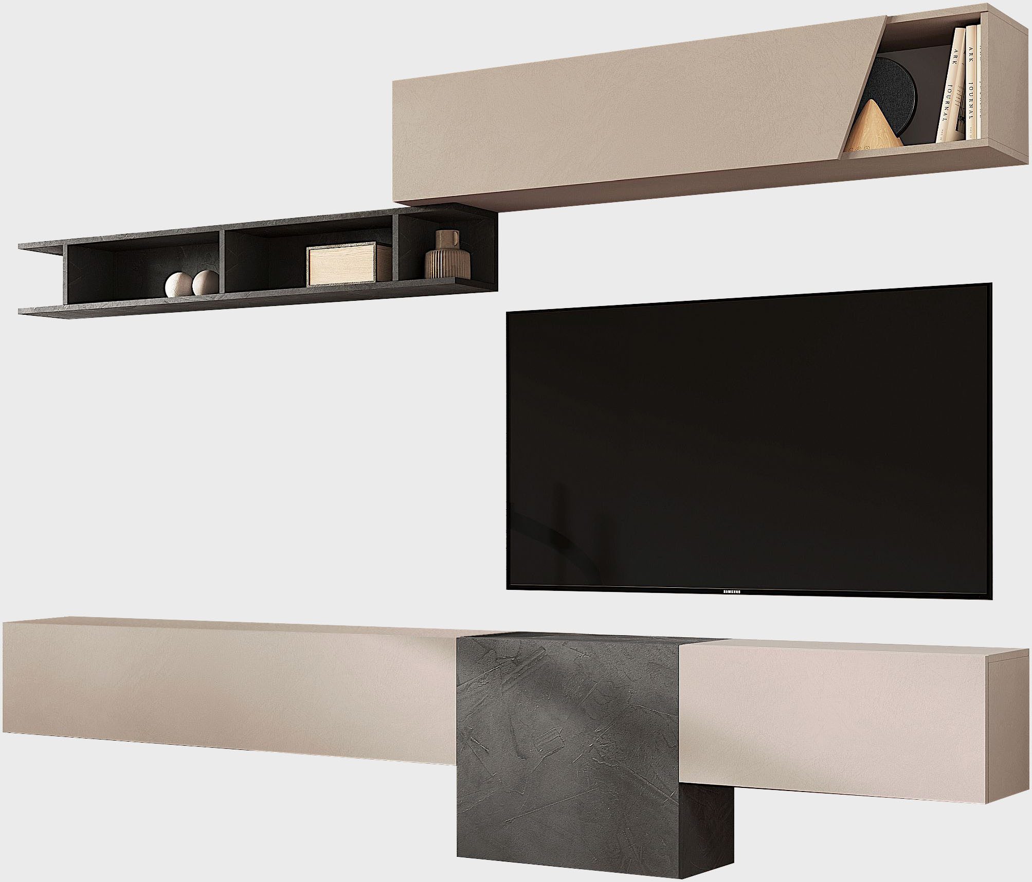 Home affaire Wohnwand Infinity, 5tlg. Breite 262 cm, moderne Mediawand, (5-St), gr./1x Lowboard kl.- hängend, Hängewürfel, Wandregal, Hängeschrank)