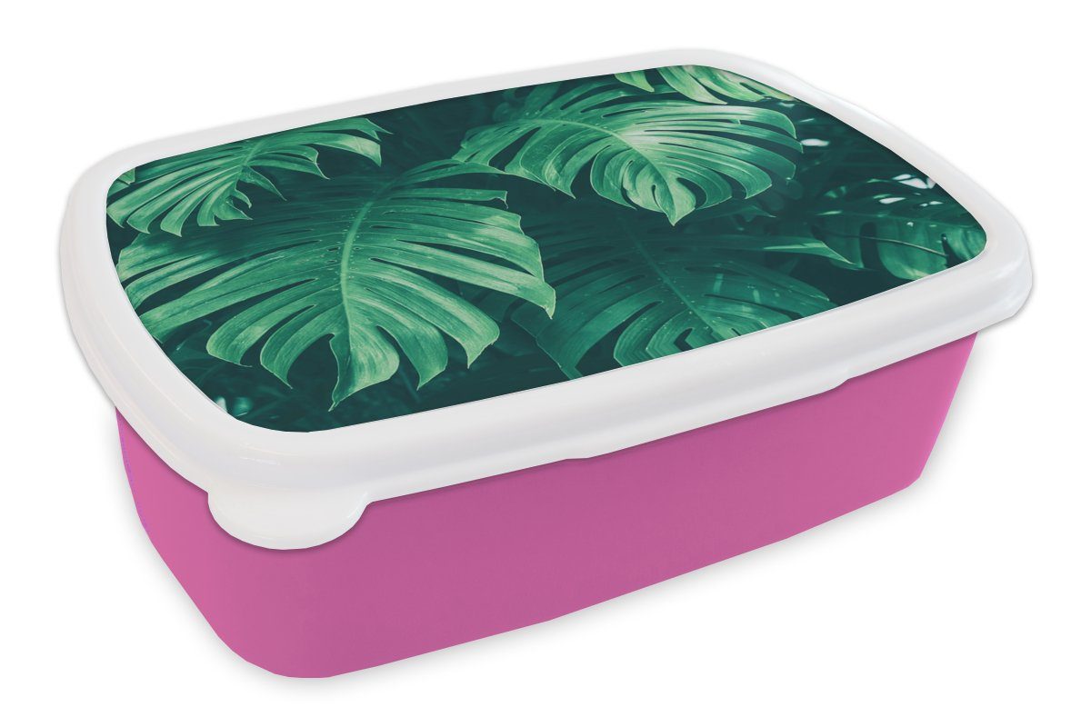 MuchoWow Lunchbox Monstera - Blätter - Pflanzen - Dschungel - Natur, Kunststoff, (2-tlg), Brotbox für Erwachsene, Brotdose Kinder, Snackbox, Mädchen, Kunststoff rosa