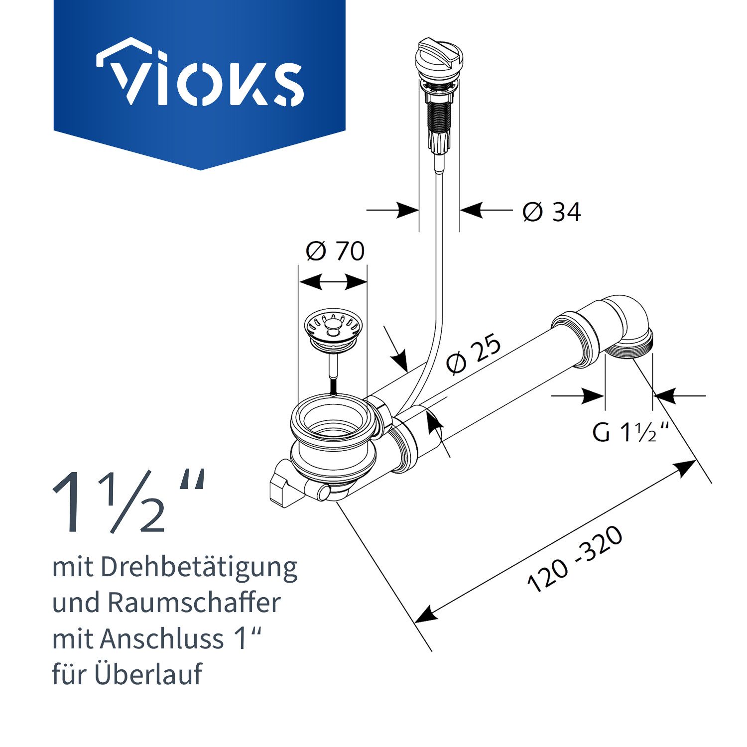 VIOKS Anschluss-Set Siebkorbventil Ablaufgarnitur Ø70mm Bowdenzug günstig online kaufen