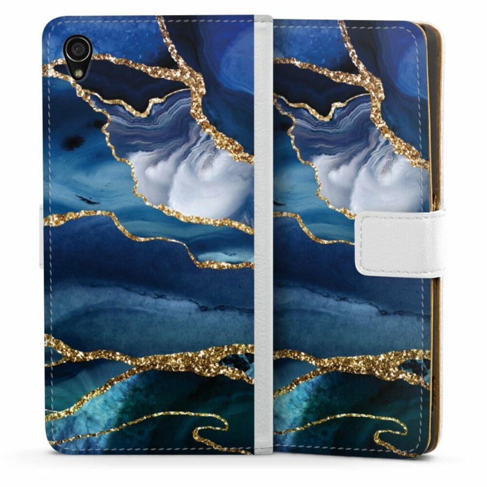 DeinDesign Handyhülle Blue Marble Gold Glitter Look, Hülle, Handy Flip Case, Wallet Cover, Handytasche Leder Marmor Blau Gold & Kupfer