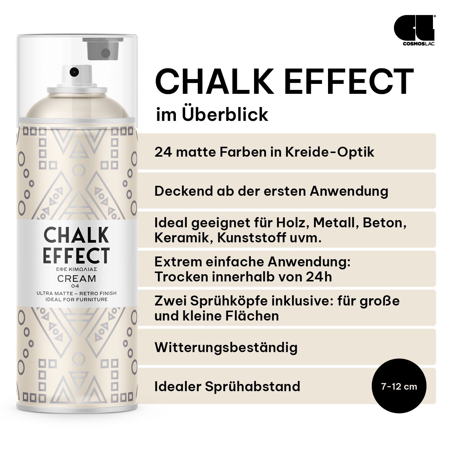COSMOS LAC Sprühflasche Kreidefarbe Spray Chalk Effect - hochwertige chalky Kreidesprühfarbe, Farbspray in vielen verschiedenen Farben, Matte Kreidefarbe