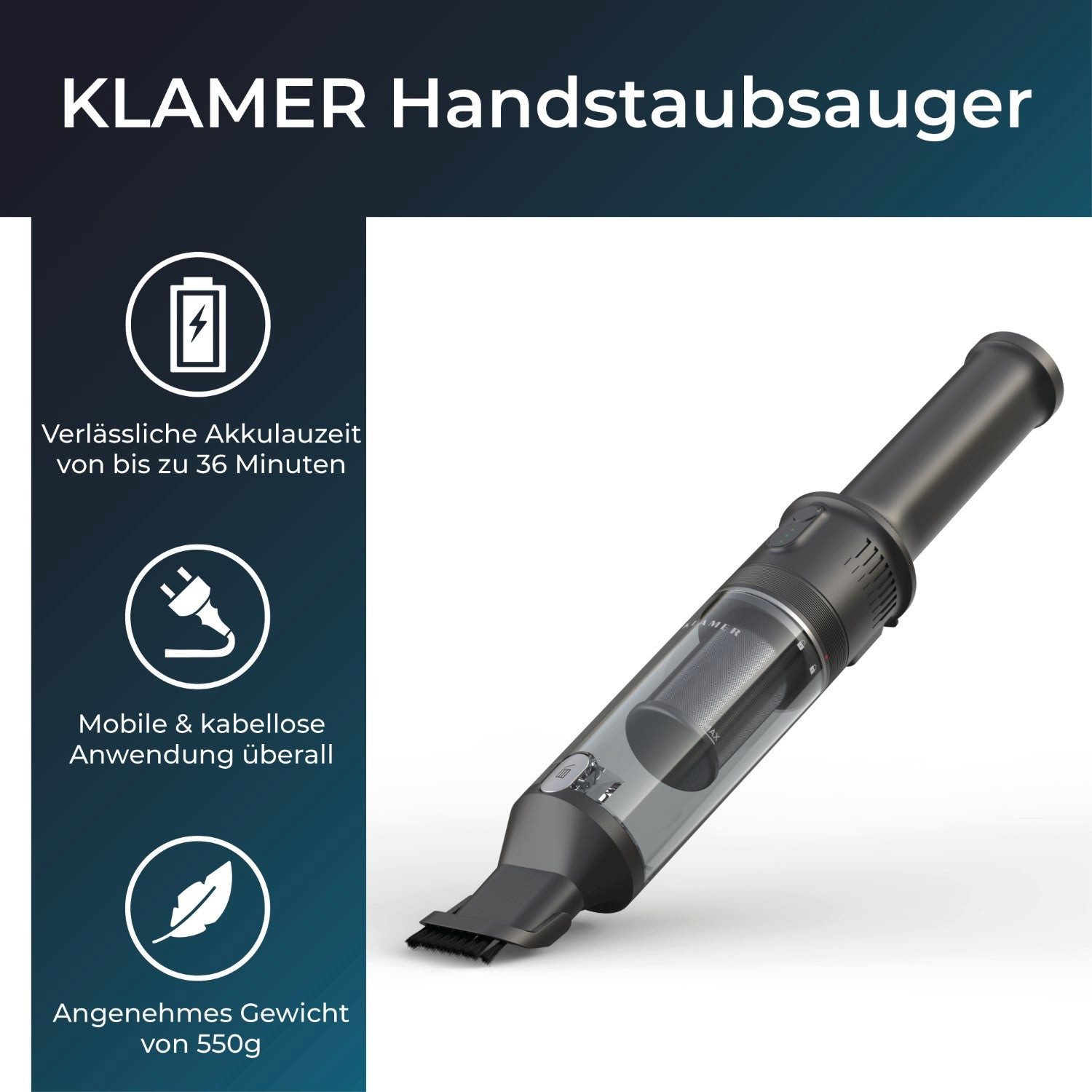 KLAMER Akku-Handstaubsauger 140W, Leistungsstark mit 16.000 PA und 36 min Laufzeit, Kabelloser Ha…, 140 W, beutellos, 2 Stufen, kabellos, wechselbarer HEPA-Filter