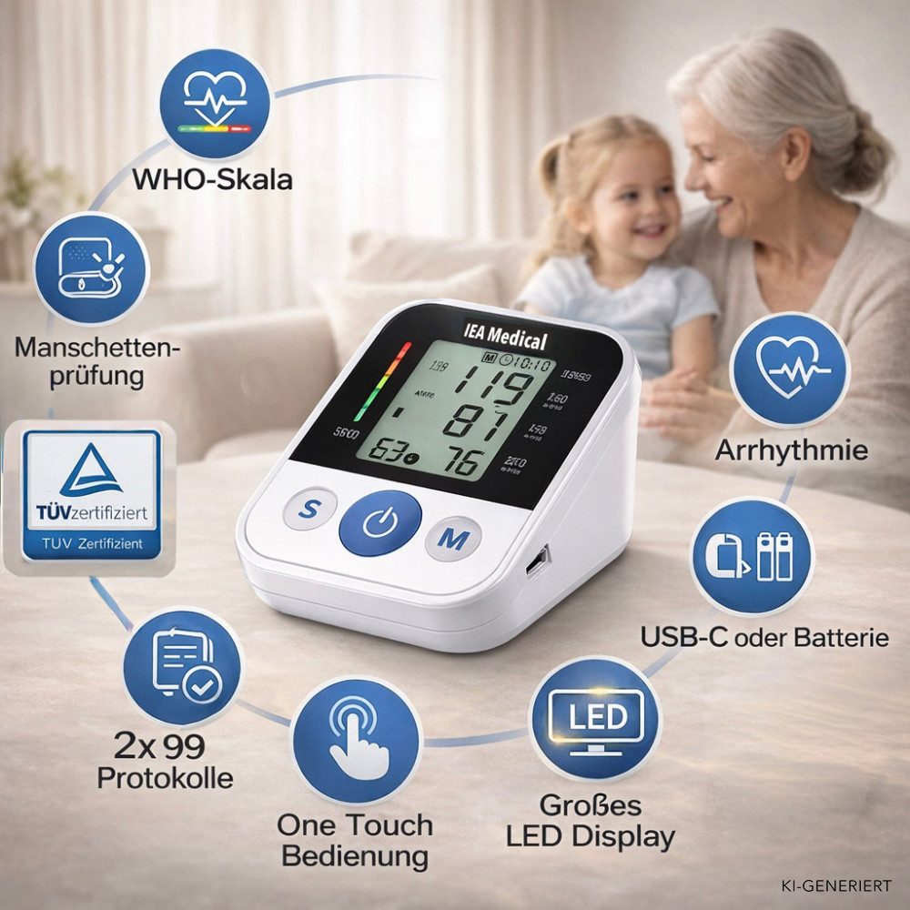 IEA Medical Oberarm-Blutdruckmessgerät ZK-B869, LCD-Display, mit Arrhythmie-Anzeige, mit WHO-Indikator, 2 Nutzer × 99 Speicher, Manschette 22-42 cm