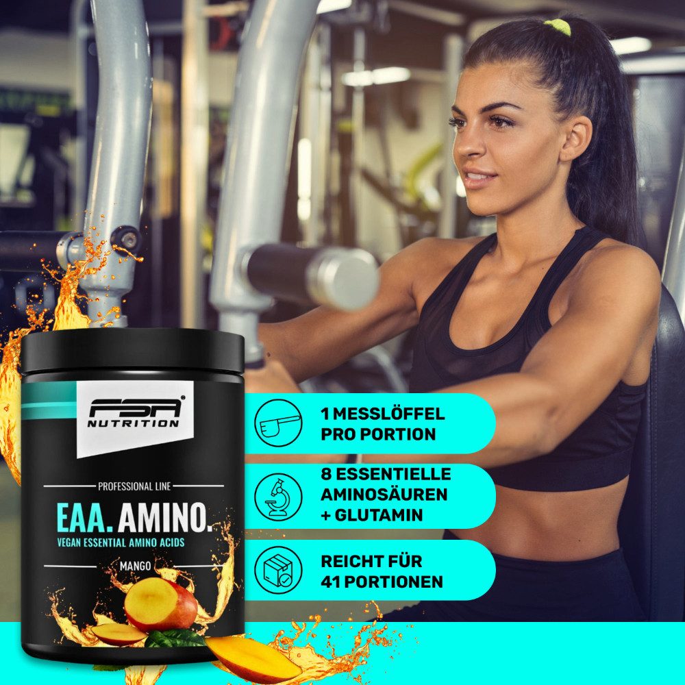 FSA NUTRITION EAA Amino - Aminosäuren Komplex hochdosiert - vegan - Mango Pulver, 500 g, Mit allen 8 essentiellen Aminosäuren + Glutamin