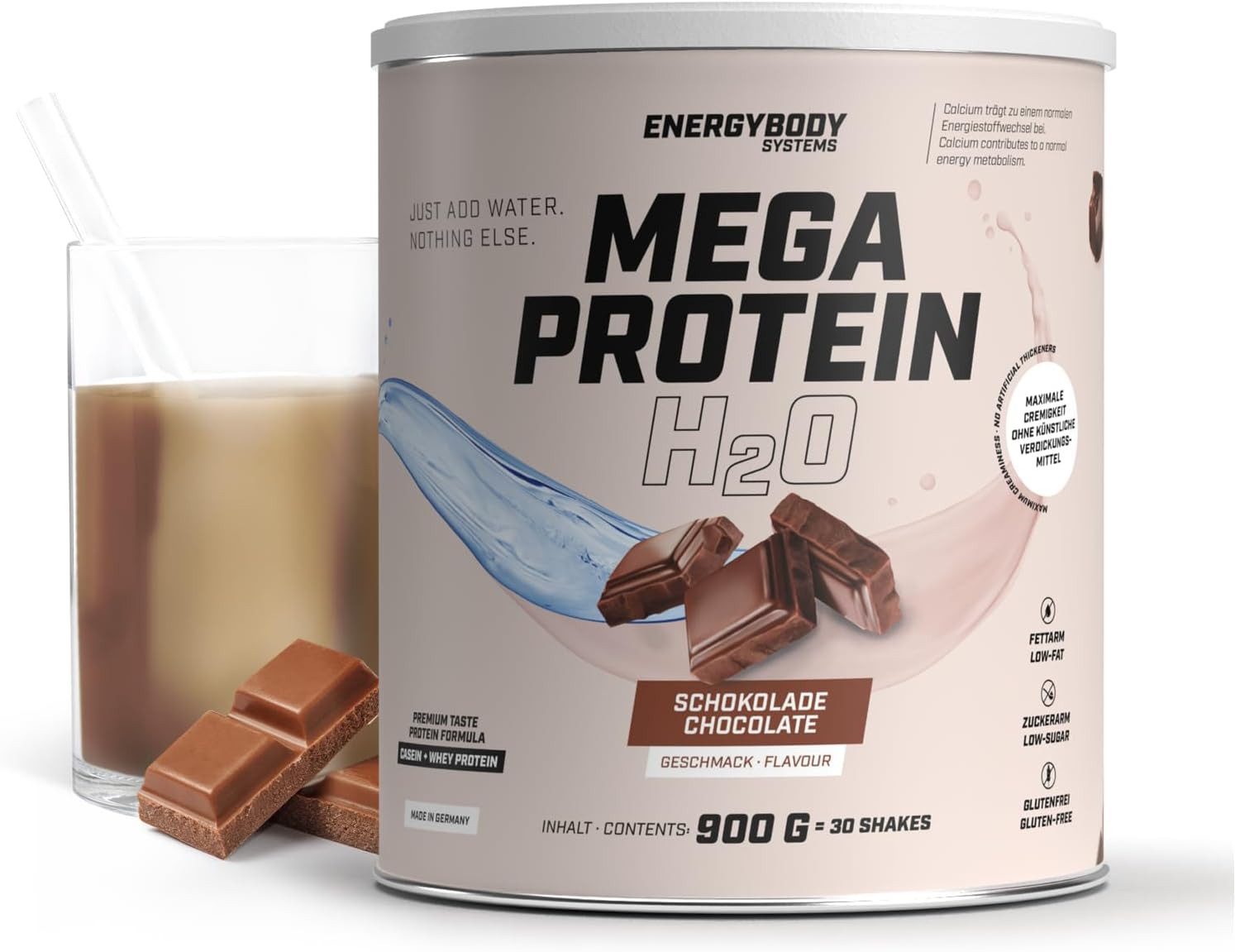 Energybody Systems Mega Protein H2O, für Wasser optimiertes Eiweiss Pulver, ohne künstliche Verdickungsmittel, zuckerarm. glutenfrei, 900 g