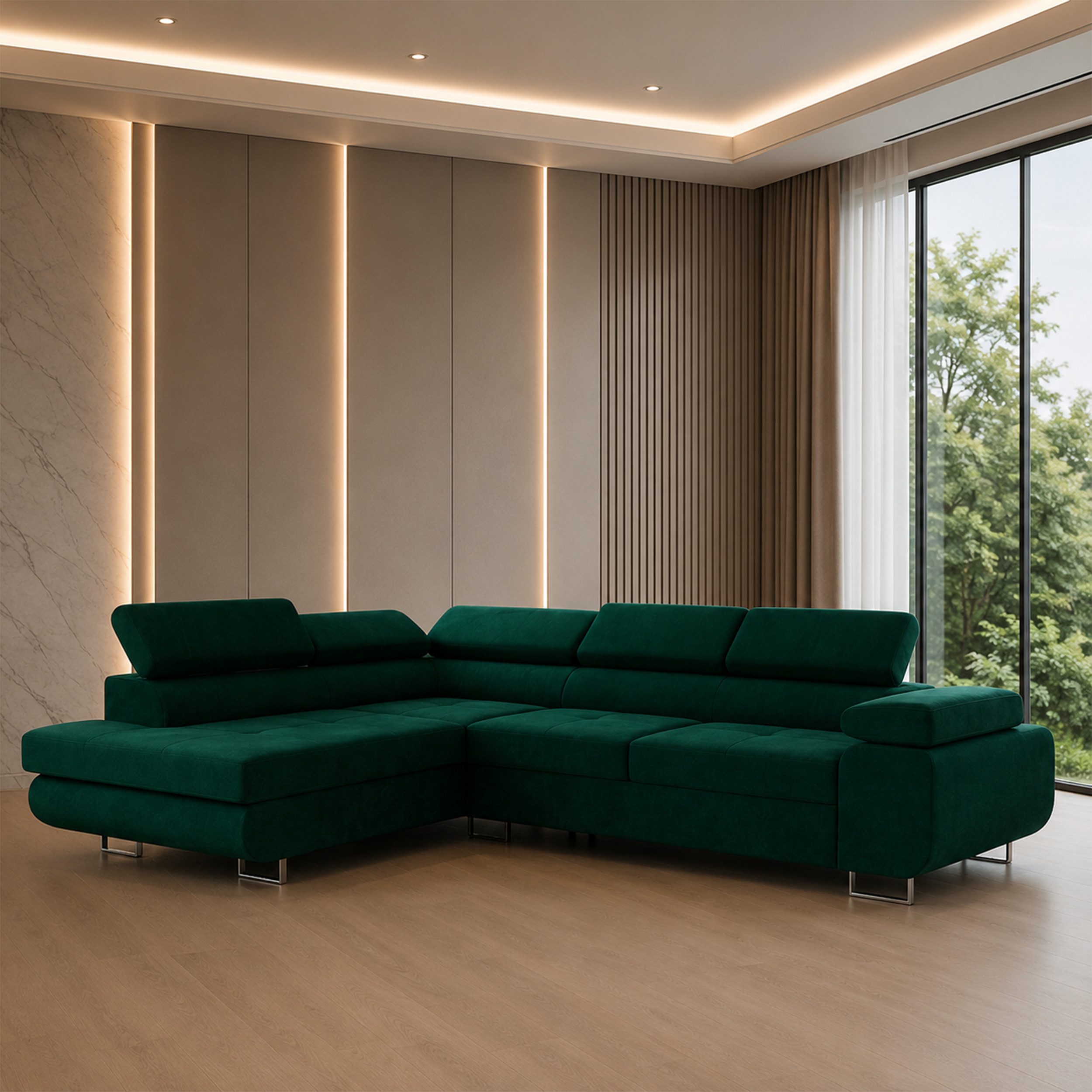 Goldstoff Ecksofa mit Schlaffunktion - Designersofa, Sofa mit Bettfunktion & Bettkasten, Schlafsofa RIVIA, multifunktionale Couch mit verstellbaren Kopfstützen in dunkelgrün