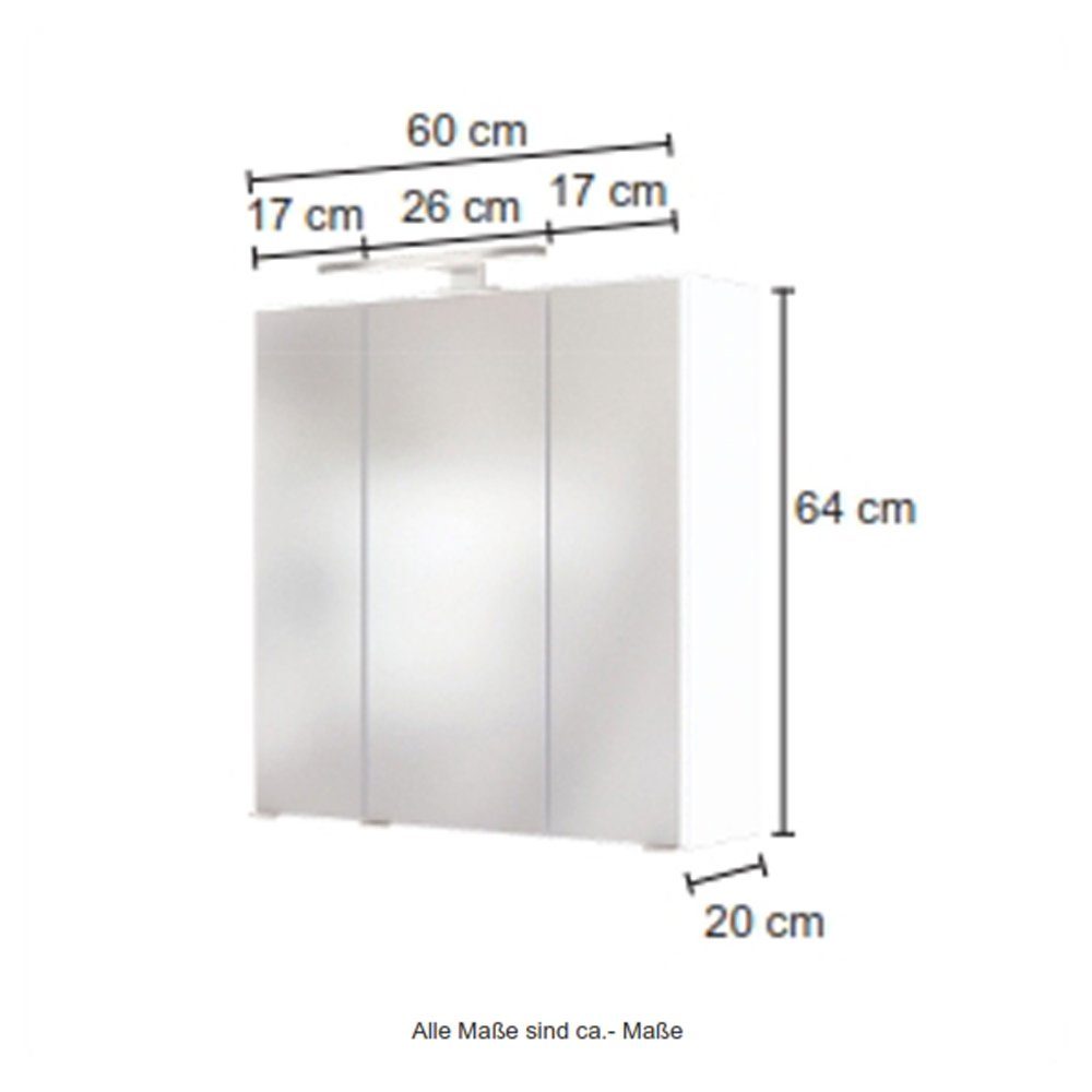 Lomadox Spiegelschrank GHOM-03 Badezimmer mit Türen, 60/64/20 3D- in 60cm gedämpften weiß 3 cm